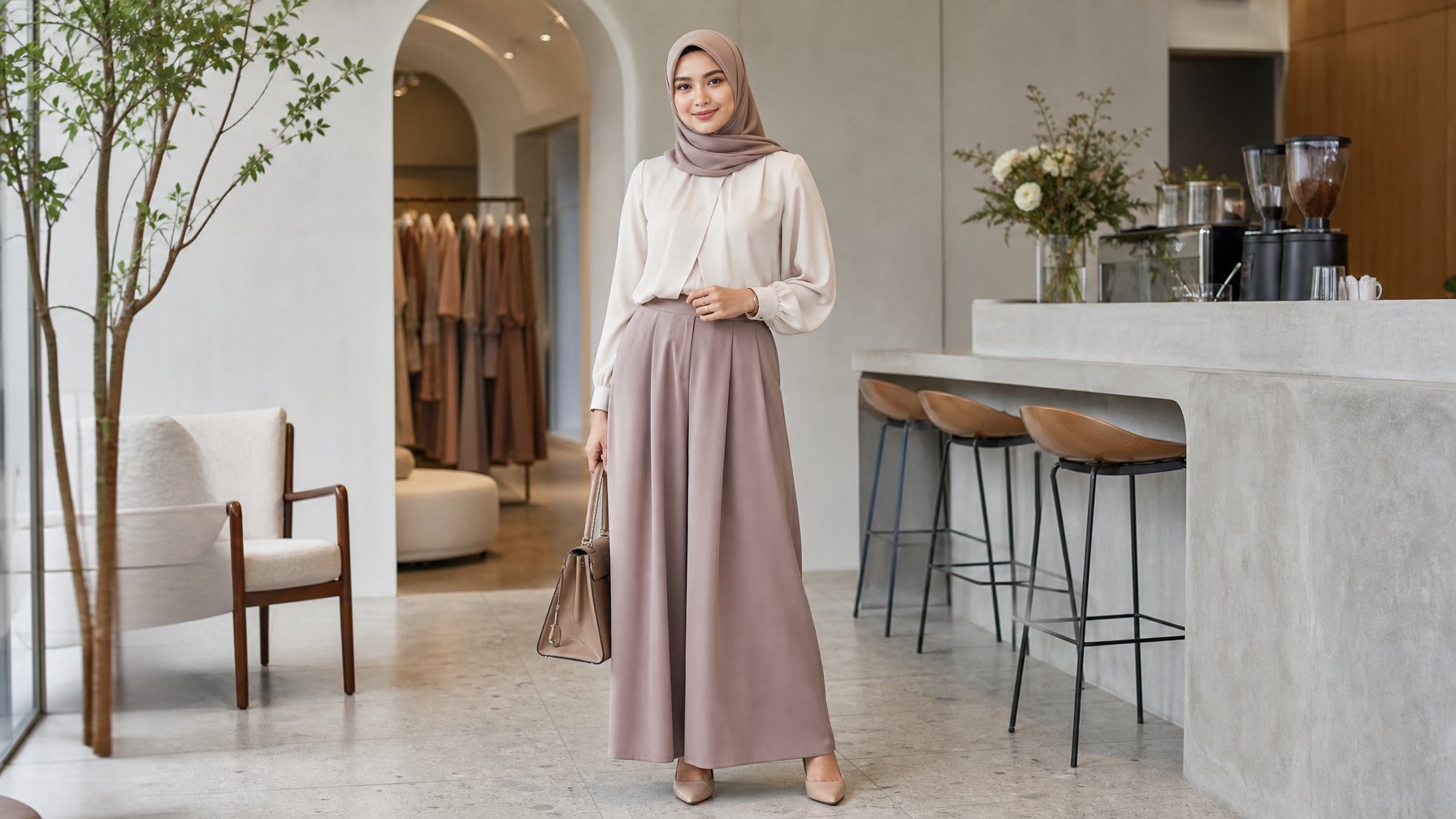 Seorang perempuan berhijab mengenakan busana modis dan sopan di ruang bergaya modern.
