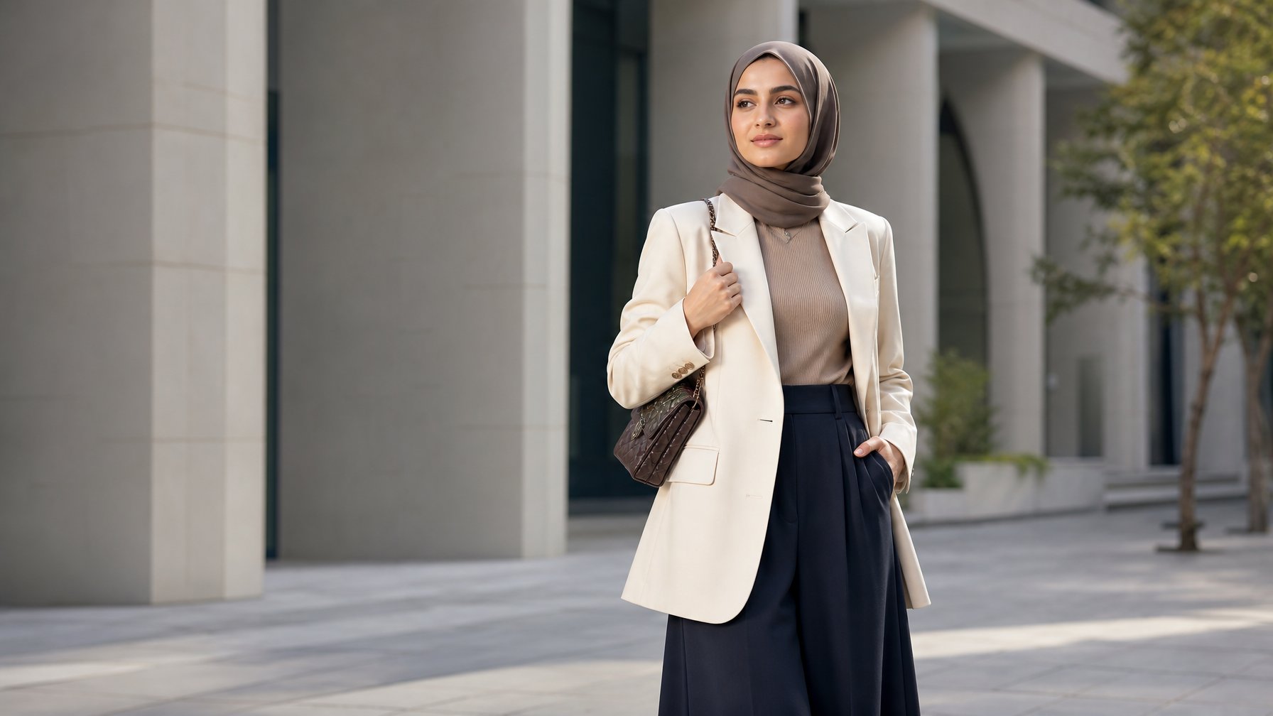 Perempuan berhijab mengenakan busana sederhana bernuansa netral dengan blazer dan bawahan longgar di lingkungan perkotaan.