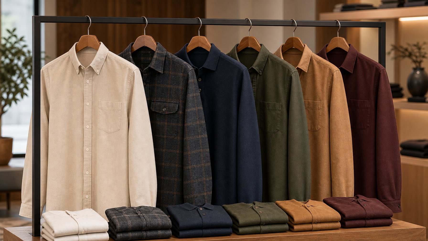 Beberapa kemeja lengan panjang premium tertata rapi di butik modern.