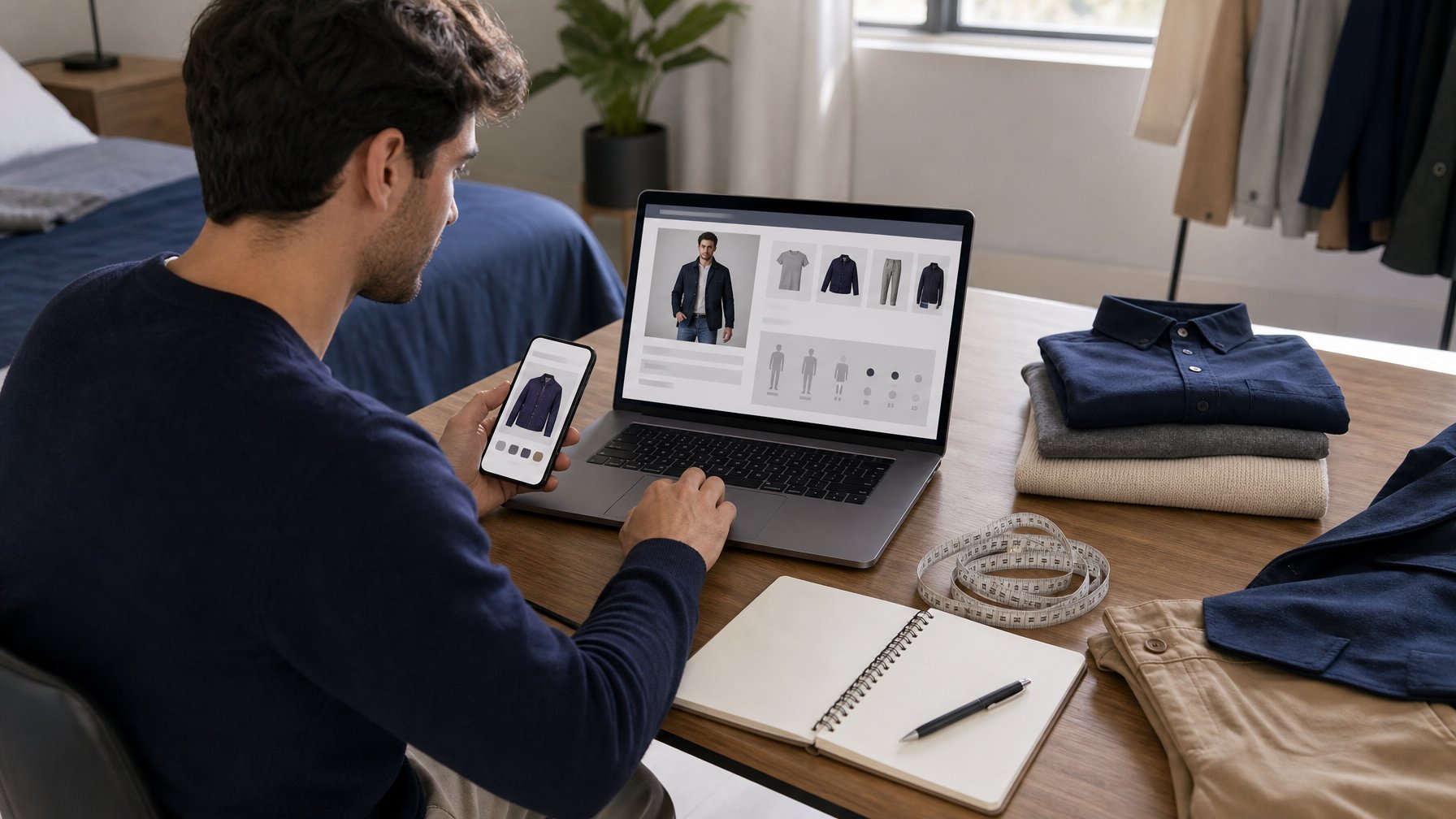 Seseorang memilih ukuran pakaian saat berbelanja online dengan laptop, pakaian, dan pita pengukur di atas meja.