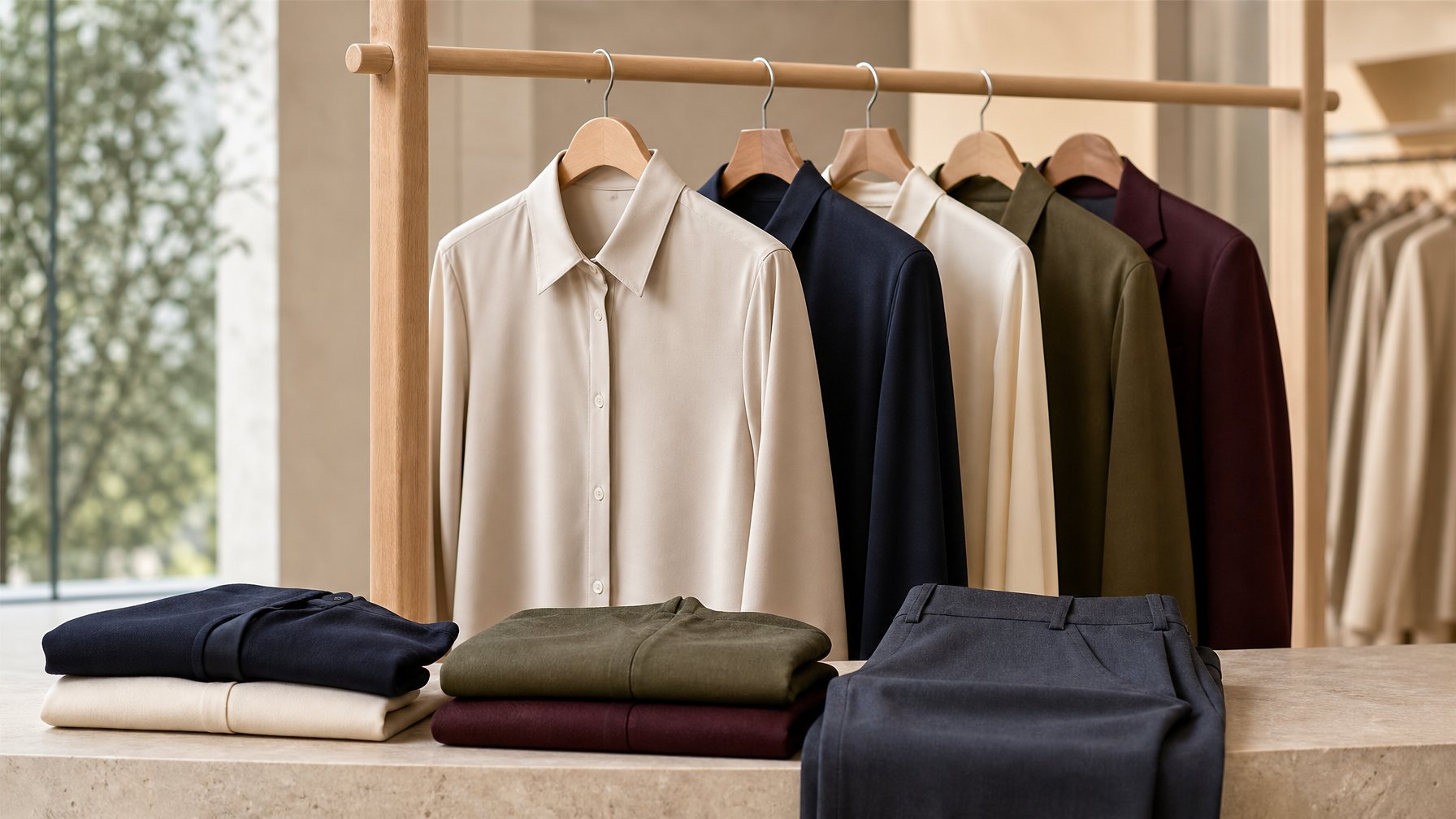 Koleksi pakaian premium tersusun rapi di dalam butik modern.