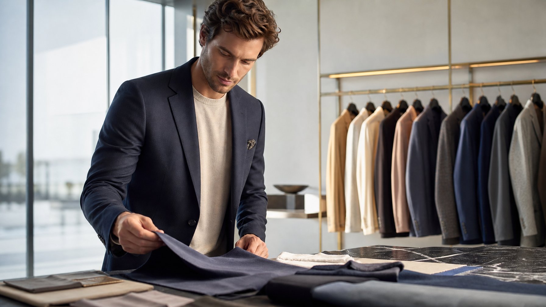 Seseorang mengenakan pakaian premium di butik modern dengan pilihan pakaian berkualitas di latar belakang.