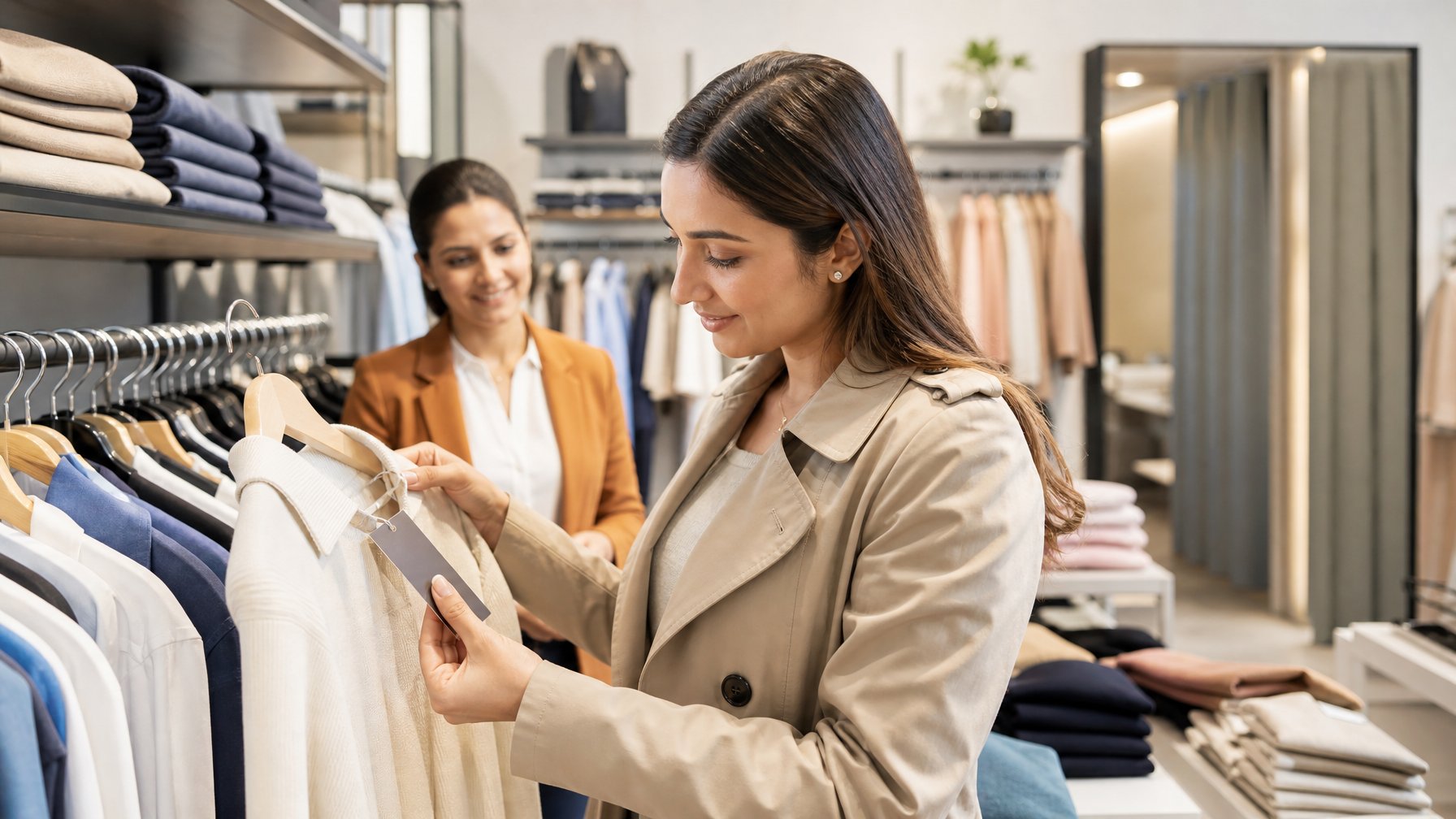 Seorang pembeli memeriksa jahitan dan bahan pakaian di butik dengan rak busana yang tertata rapi.