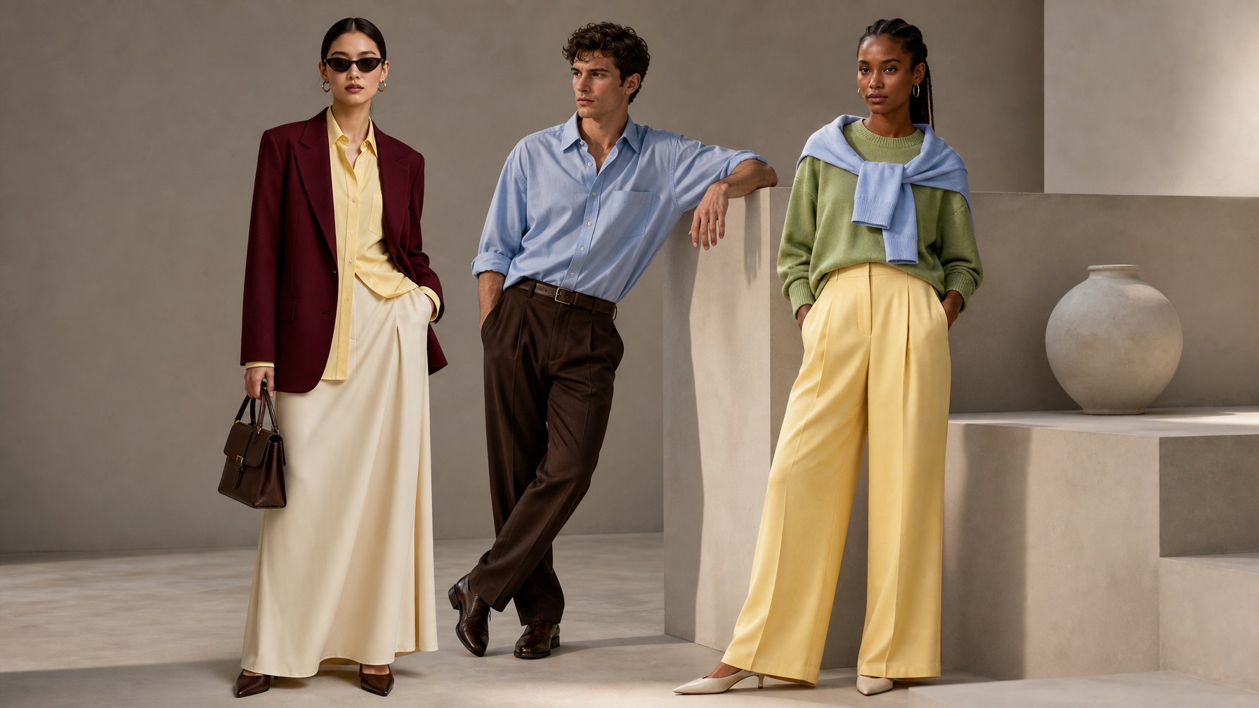 Tiga model mengenakan pakaian dengan palet warna burgundy, kuning lembut, biru muda, hijau sage, krem, dan cokelat.