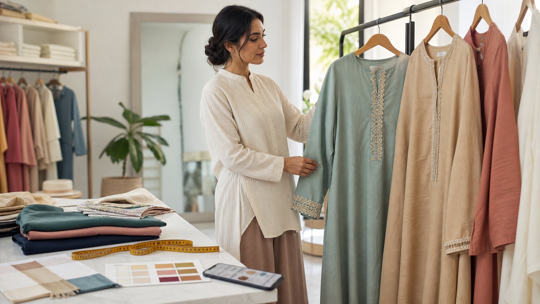 Seorang perempuan membandingkan pakaian dan bahan kain di ruang butik yang terang.