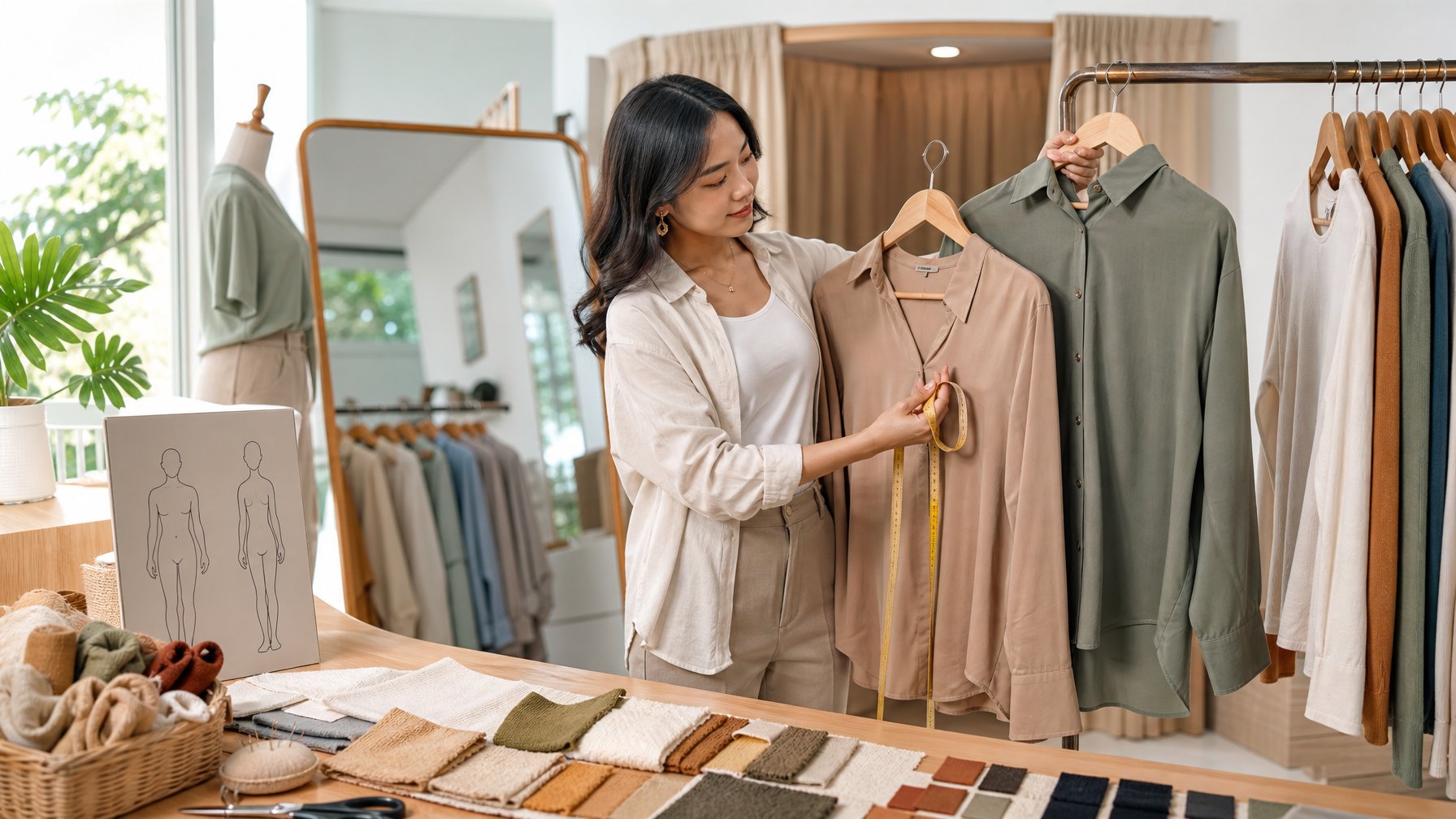 Seorang perempuan membandingkan pakaian dan memeriksa bahan kain di butik.