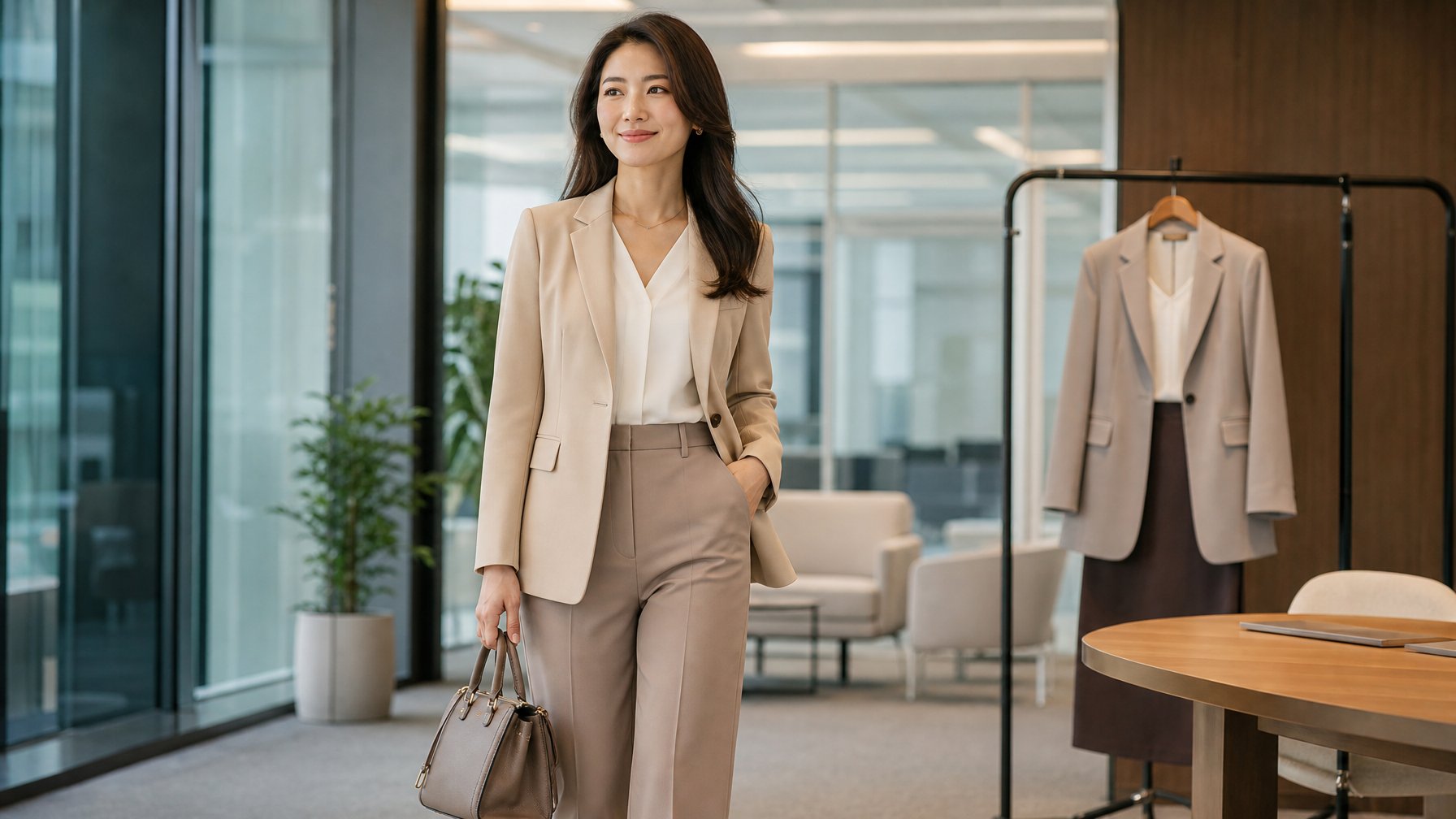 Seorang wanita karir mengenakan busana kantor modern berdiri di ruang kerja yang terang.