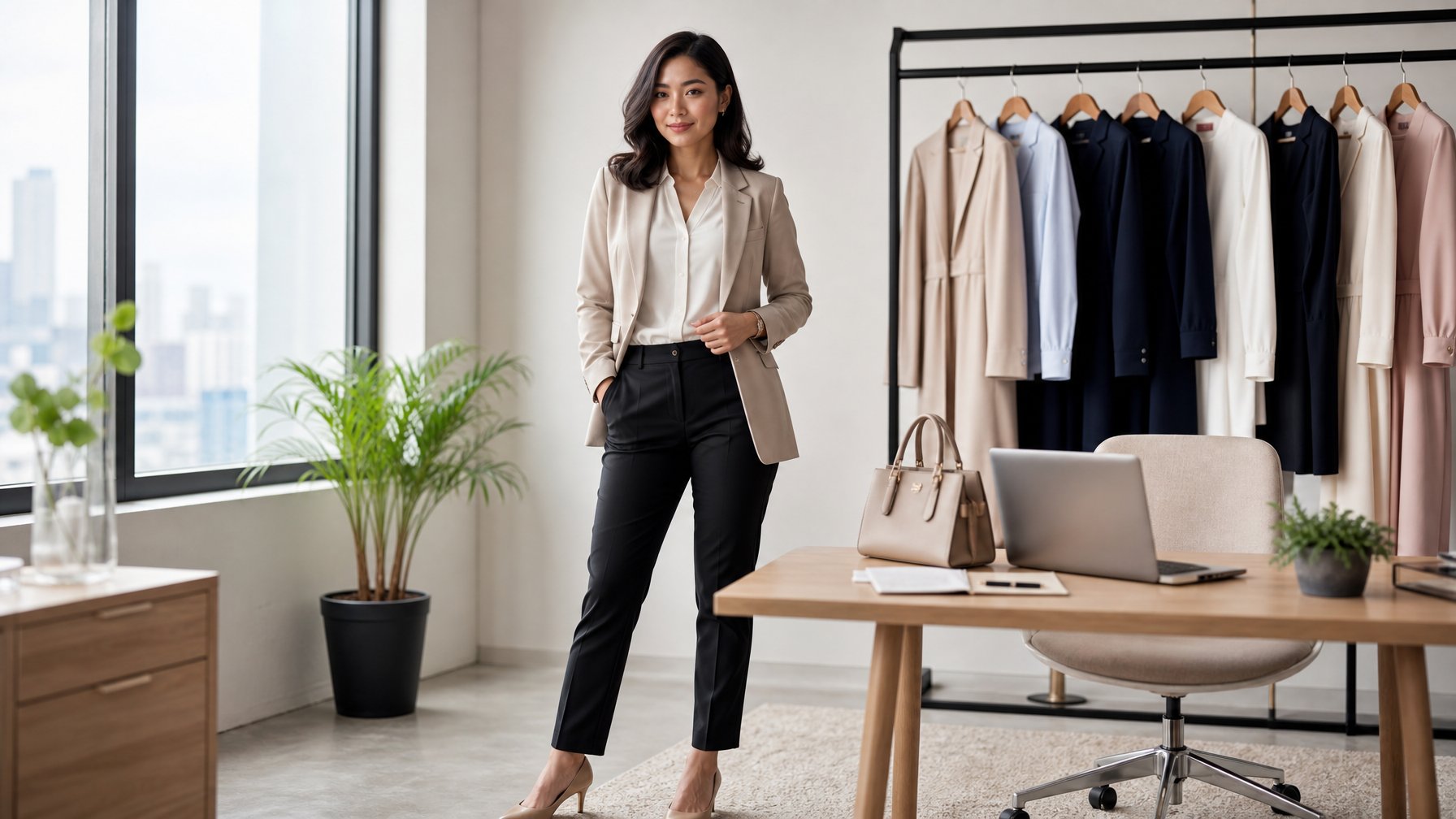 Seorang wanita berdiri di ruang kantor modern dengan busana kerja rapi dan rak pakaian di belakangnya.