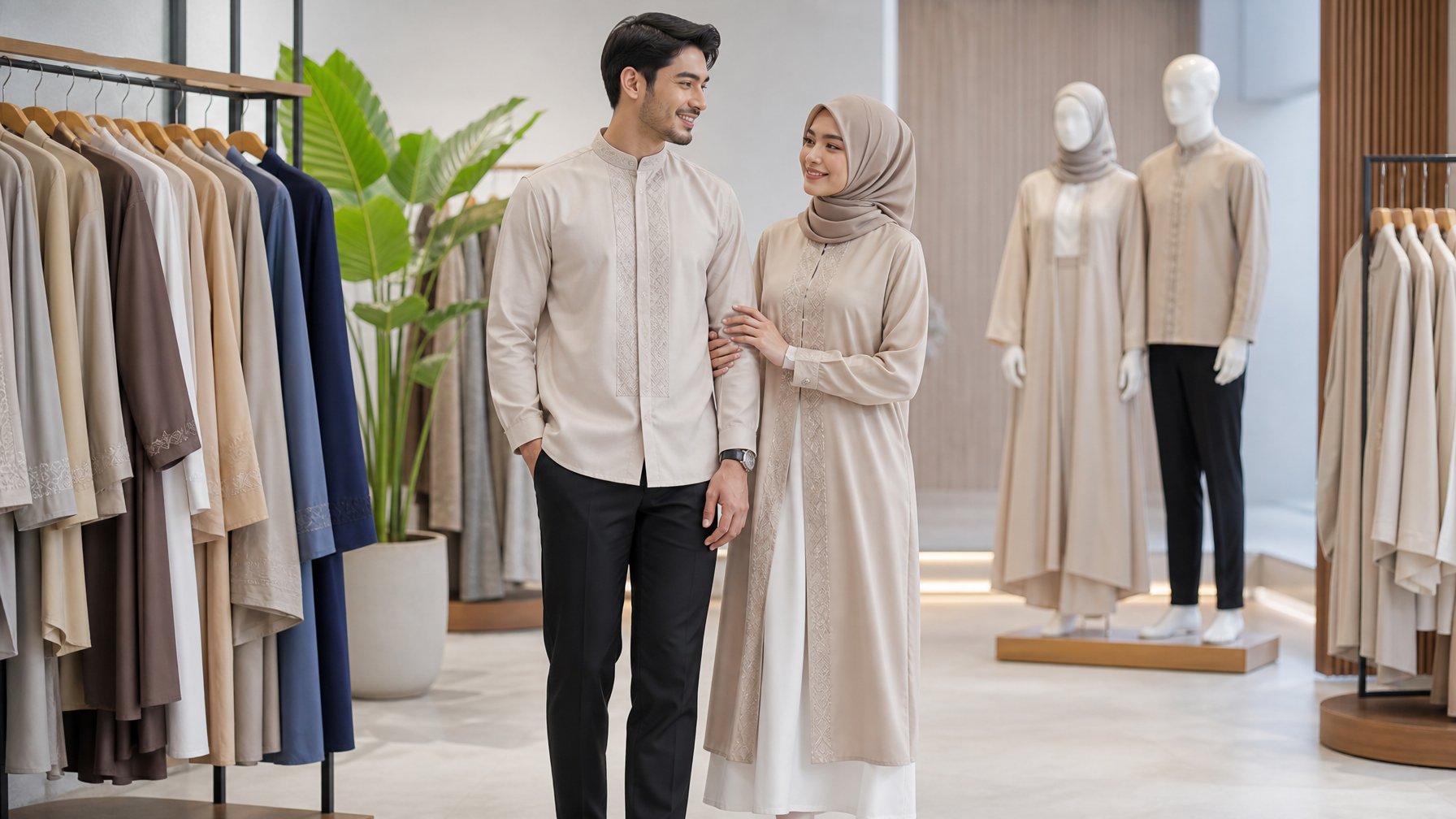 Pasangan muda mengenakan pakaian modis yang serasi di dalam butik dengan rak pakaian di sekelilingnya.