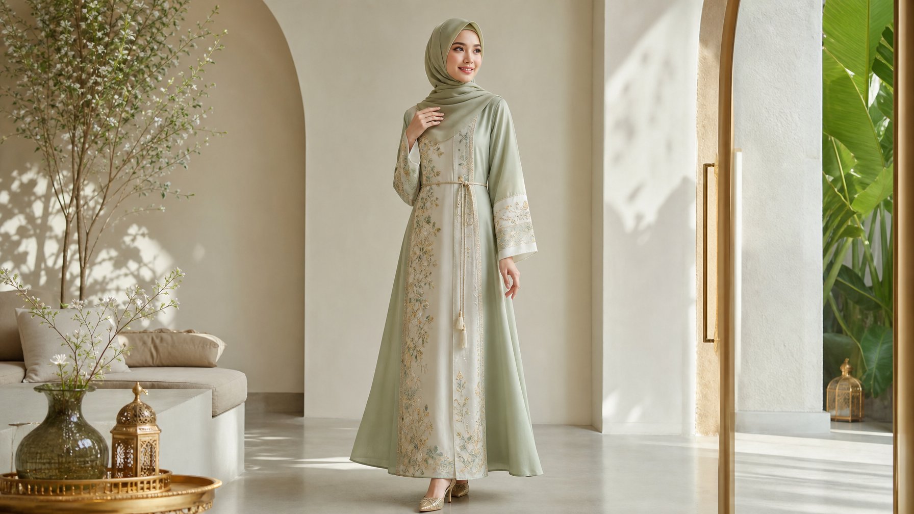 Seorang wanita mengenakan busana Muslim modern berdiri di interior terang dengan dekorasi sederhana.