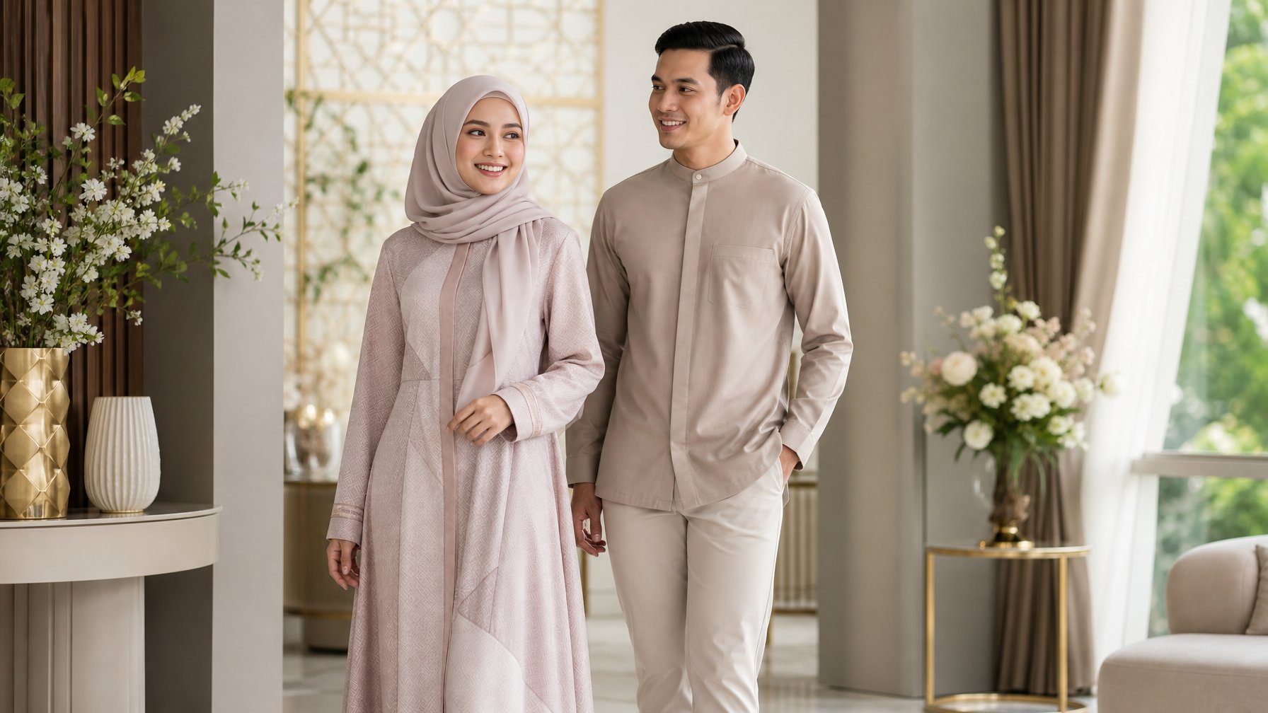 Seorang wanita berhijab dan seorang pria mengenakan busana Lebaran modern di ruangan terang.