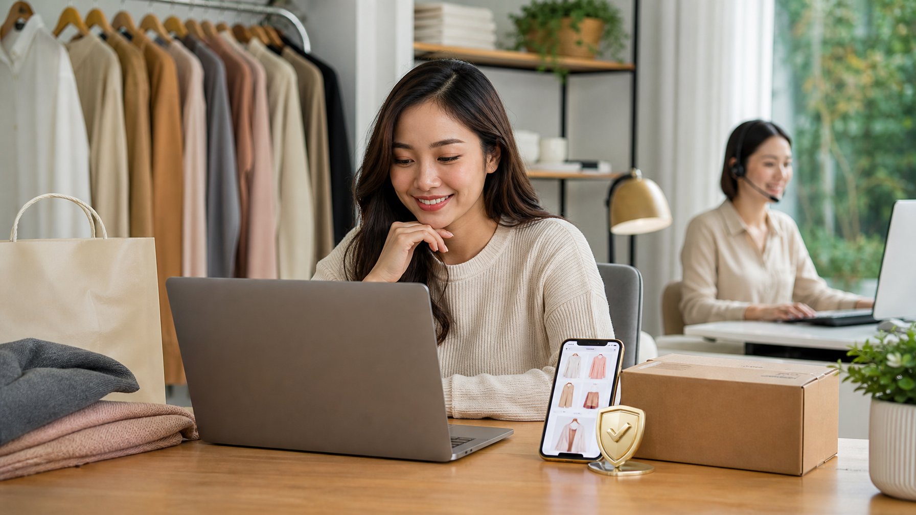 Seorang perempuan berbelanja pakaian melalui laptop di rumah dengan paket dan koleksi busana di sekitarnya.