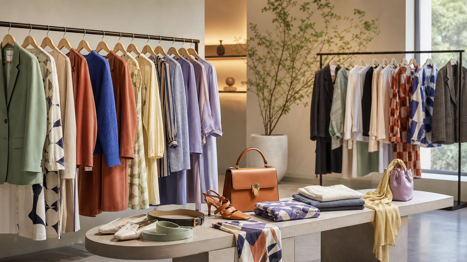 Koleksi pakaian modis dengan beragam warna dan motif ditata di butik modern.