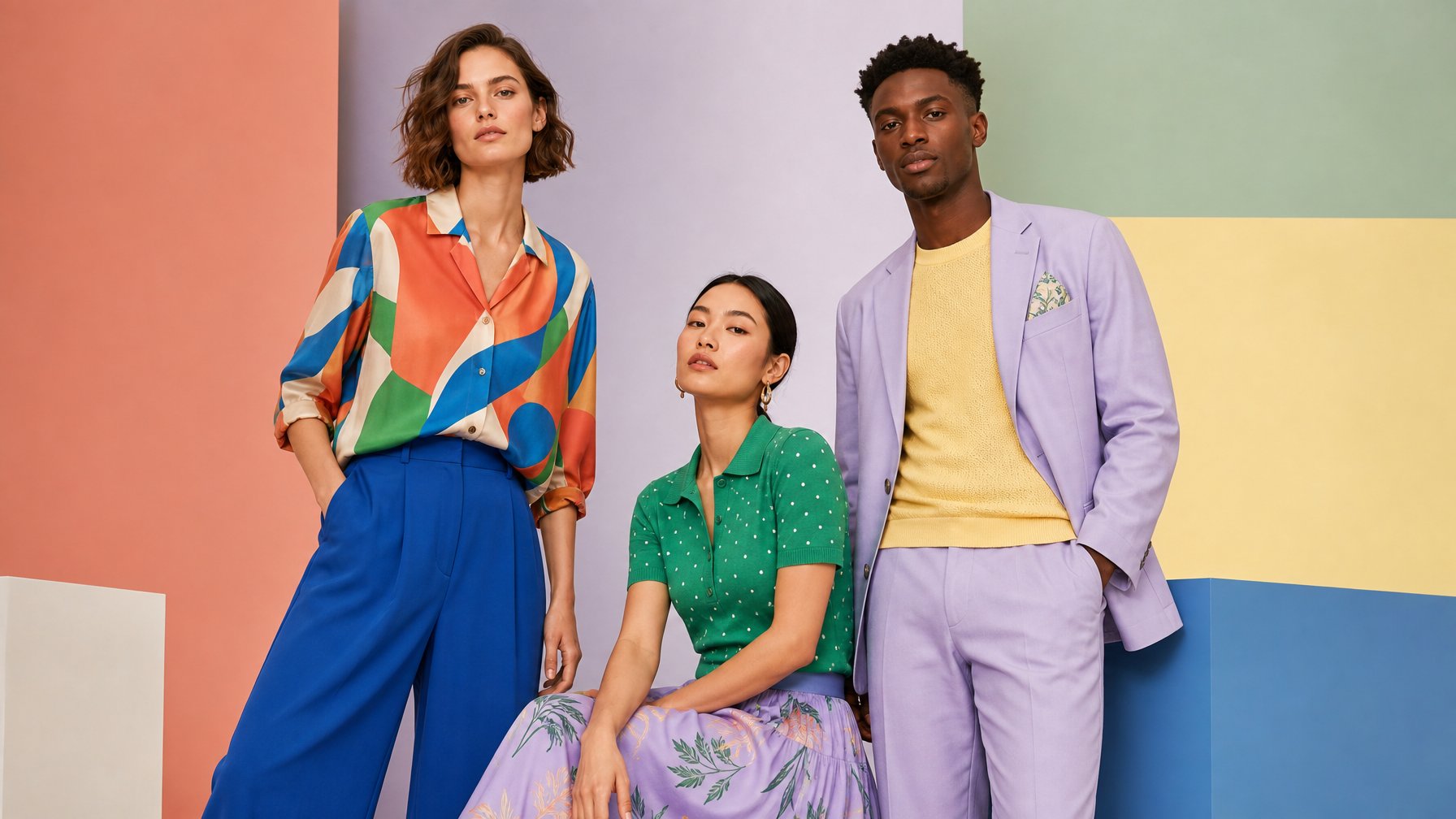 Tiga model dewasa mengenakan pakaian modis berwarna cerah dengan beragam motif di studio minimalis.