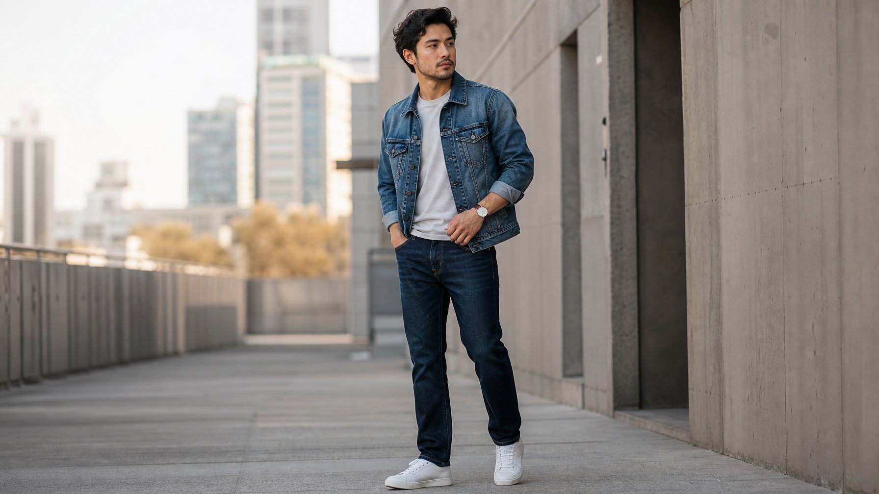 Seorang pria berdiri di lingkungan perkotaan jaket mengenakan denim dan celana jeans.