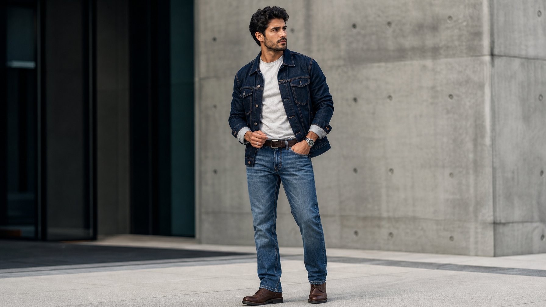 Seorang pria berdiri di lingkungan perkotaan dengan jaket denim dan celana jeans.