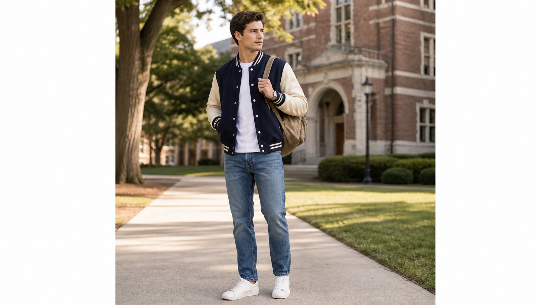 Seorang pria berdiri di area kampus jaket mengenakan varsity, kaus putih, jeans, dan sepatu putih.