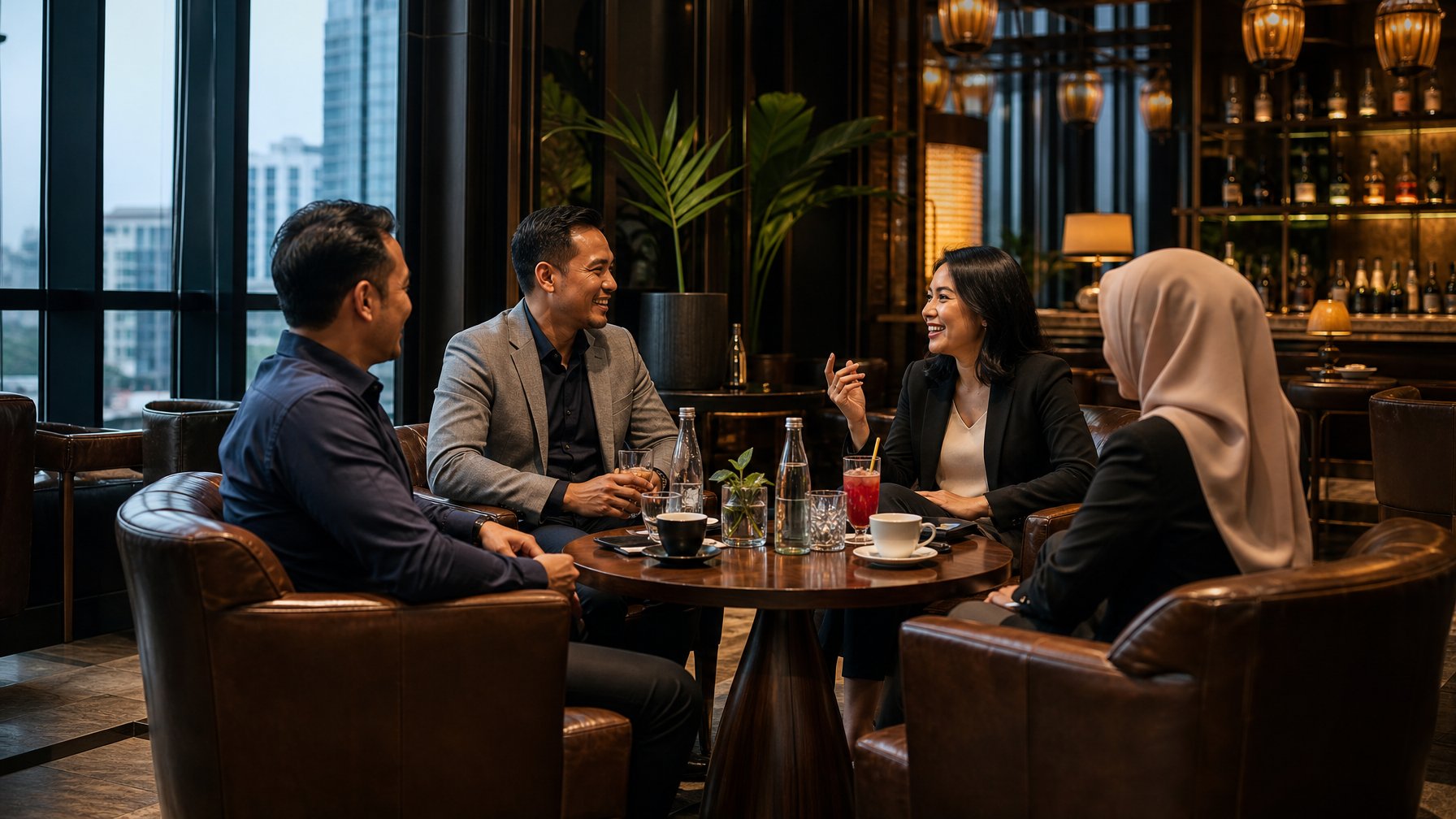 Sekelompok profesional berbincang santai di lounge elegan dengan meja dan minuman.