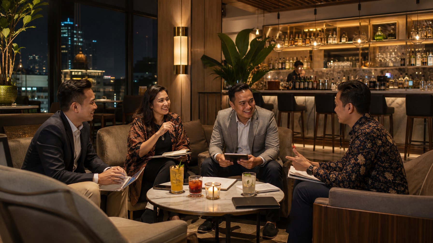 Sekelompok profesional berdiskusi santai di lounge elegan dengan suasana hangat di pusat kota Medan.