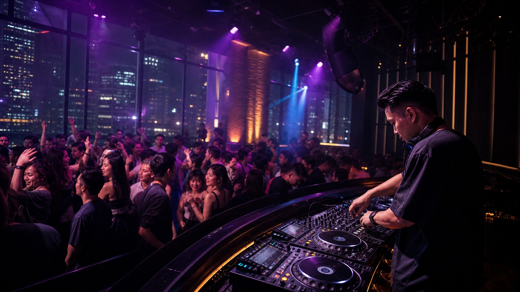 DJ tampil di panggung klub malam dengan kerumunan orang dewasa menari dalam pesta musik elektronik.
