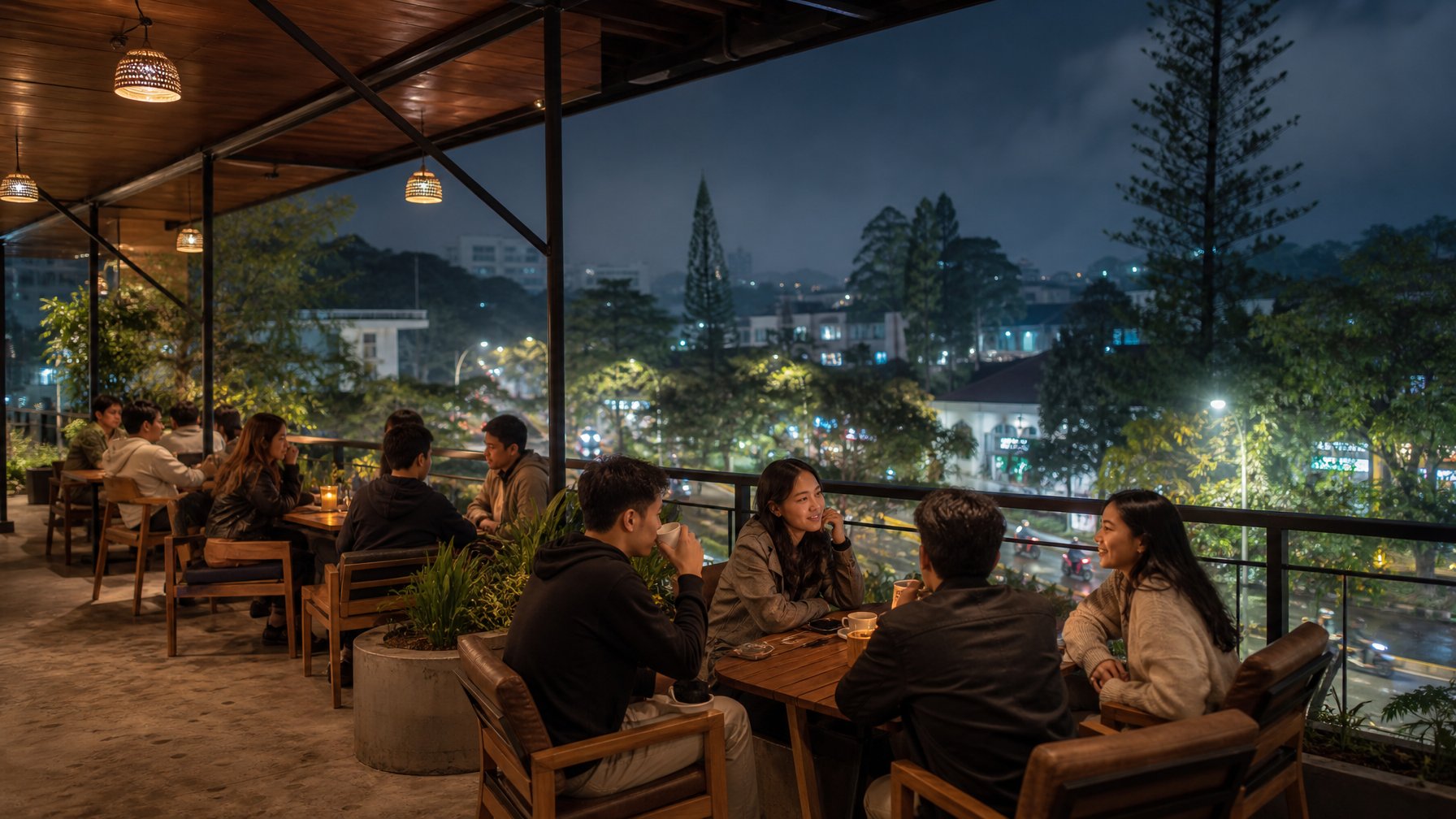 Sekelompok anak muda bersantai di kafe terbuka yang ramai pada malam hari di tengah suasana sejuk Kota Malang.