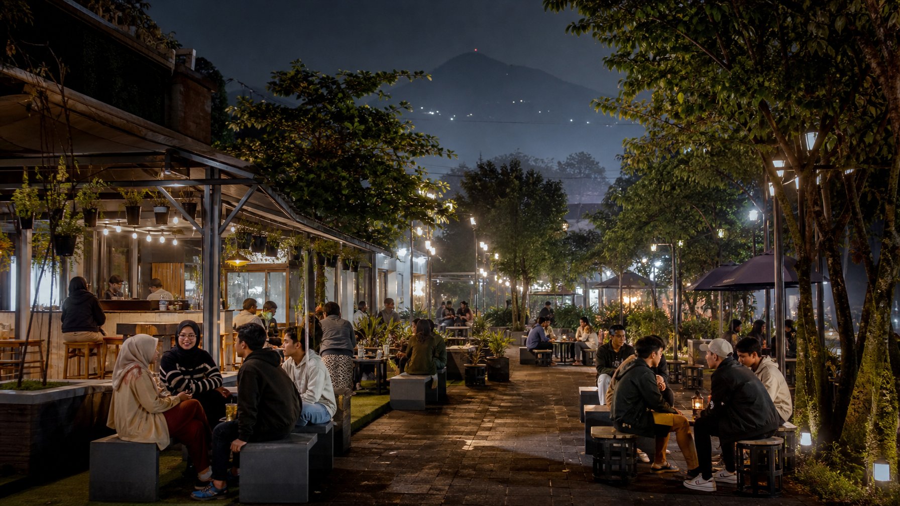 Suasana area nongkrong malam yang ramai dan nyaman di Malang dengan kafe terbuka, lampu hangat, serta pengunjung mengenakan jaket.