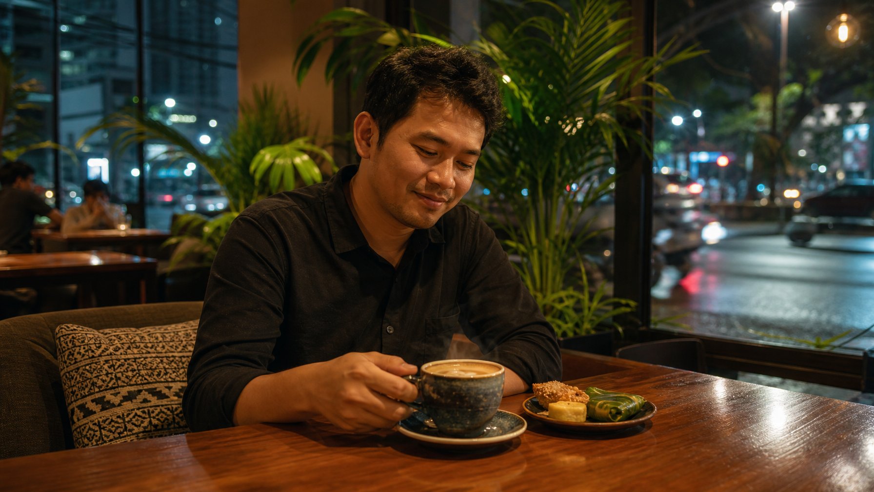 Seseorang menikmati secangkir kopi lokal di kedai kopi yang nyaman pada malam hari.