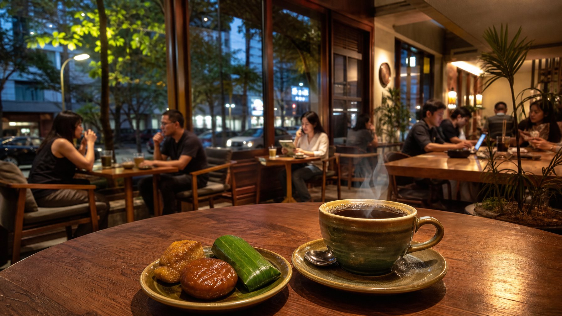 Secangkir kopi lokal di meja kedai kopi yang nyaman di kawasan Menteng, dengan pelanggan dan suasana jalan Jakarta di latar belakang.
