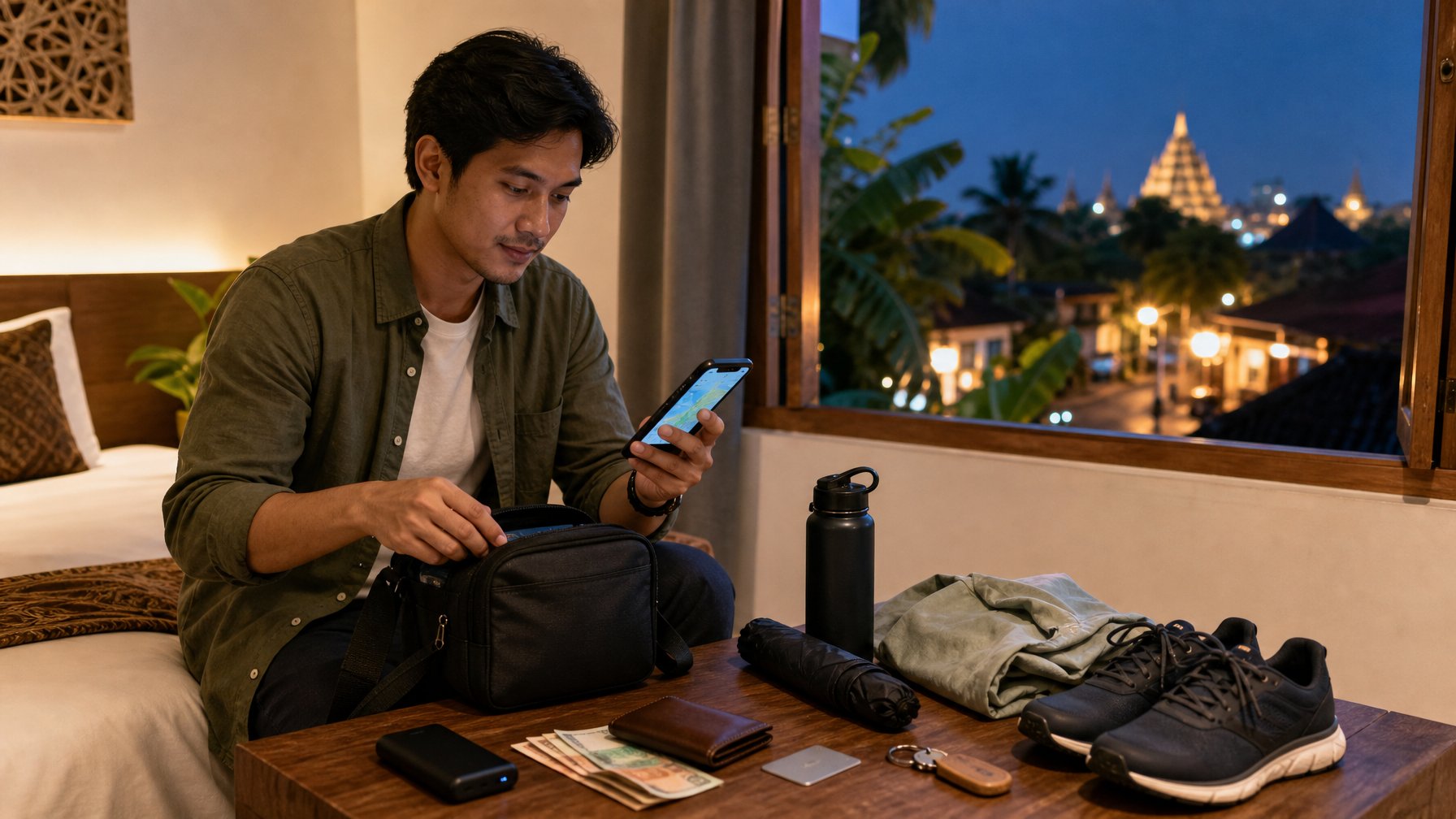 Pelancong solo menyiapkan barang penting di kamar sebelum menikmati malam di Yogyakarta.