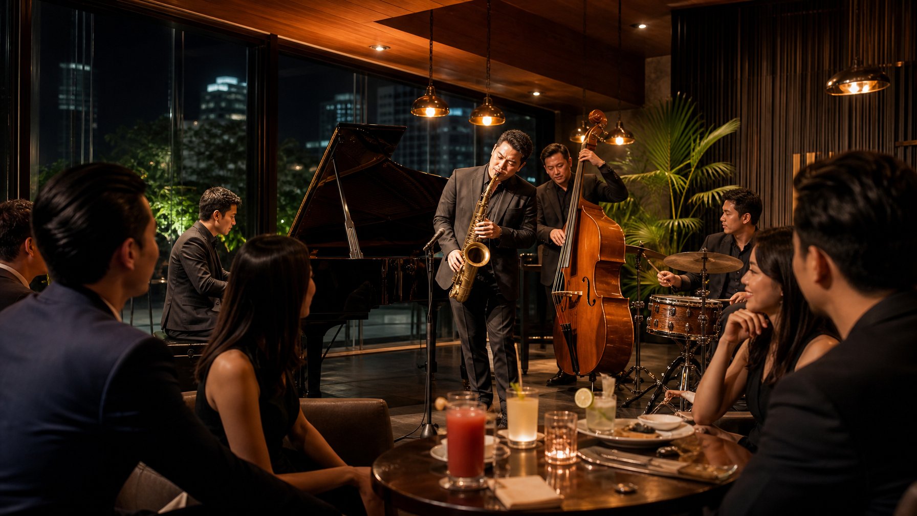 Pengunjung menikmati pertunjukan musik jazz langsung di kafe elegan pada malam hari di Jakarta.