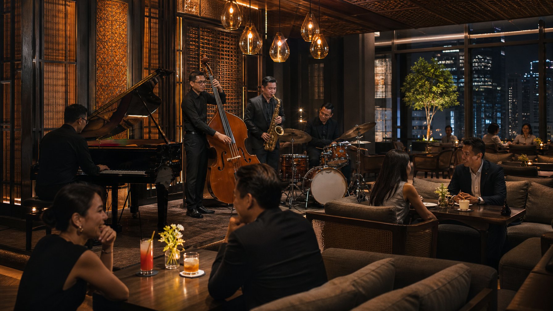 Pertunjukan musik jazz berlangsung di kafe elegan Jakarta dengan pengunjung menikmati suasana malam.