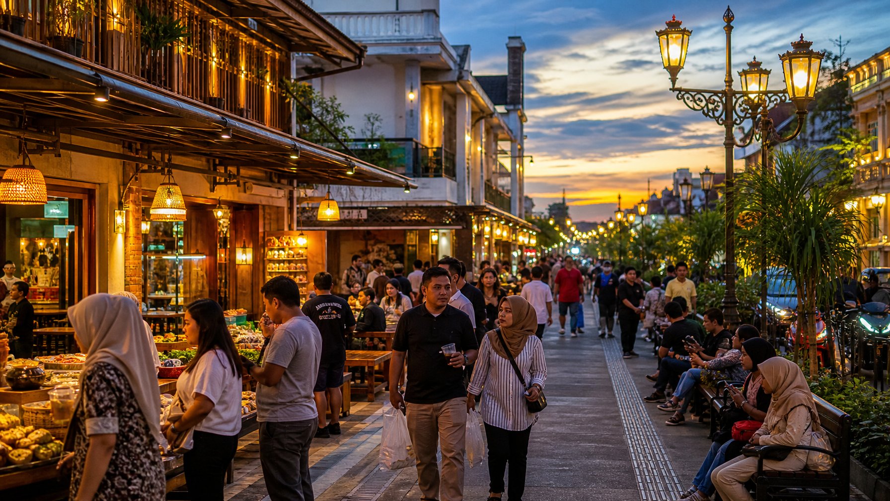Suasana malam di kawasan Malioboro dengan pengunjung menikmati makanan di warung dan kafe yang ramai.