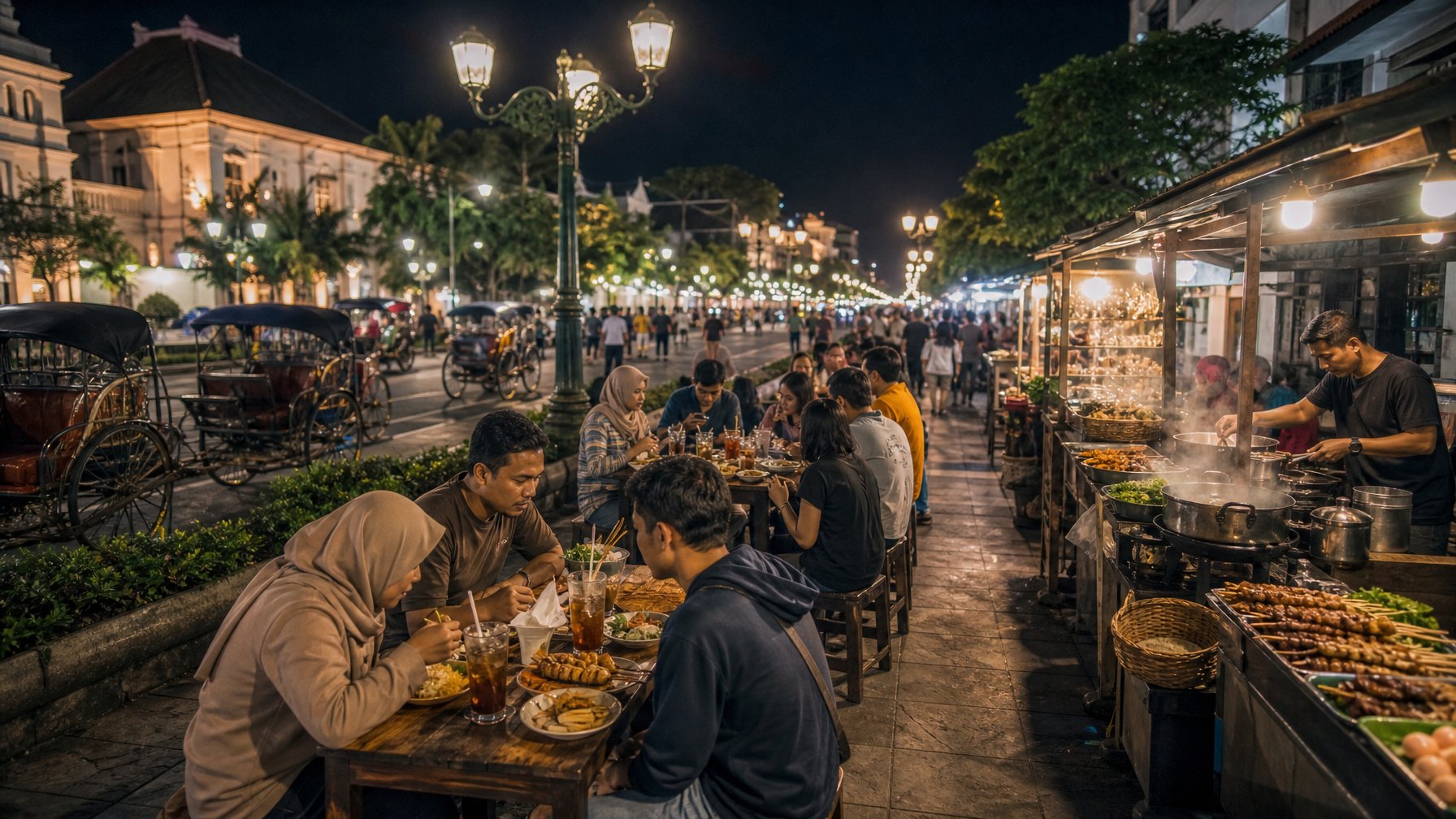 Pengunjung menikmati makanan malam di kawasan Malioboro dengan deretan warung kuliner dan suasana jalan yang ramai.