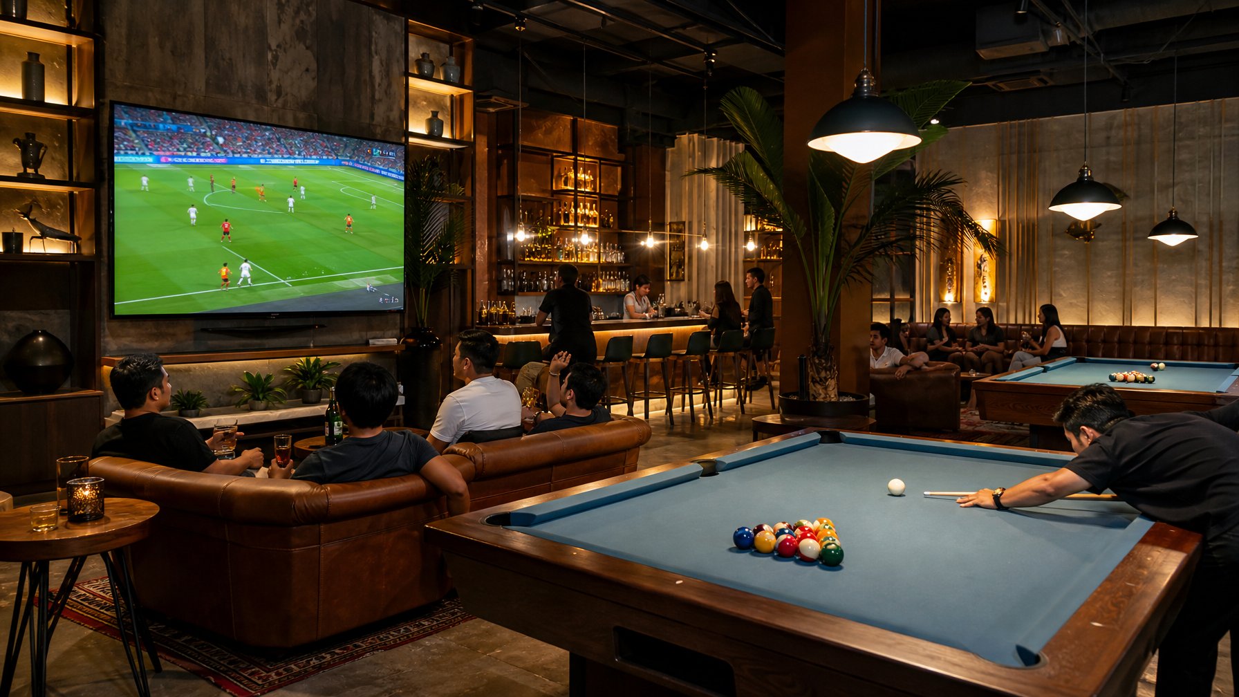 Lounge billiard dan bar olahraga yang nyaman dengan meja biliar, televisi menayangkan pertandingan sepak bola, serta sekelompok teman sedang bersantai.