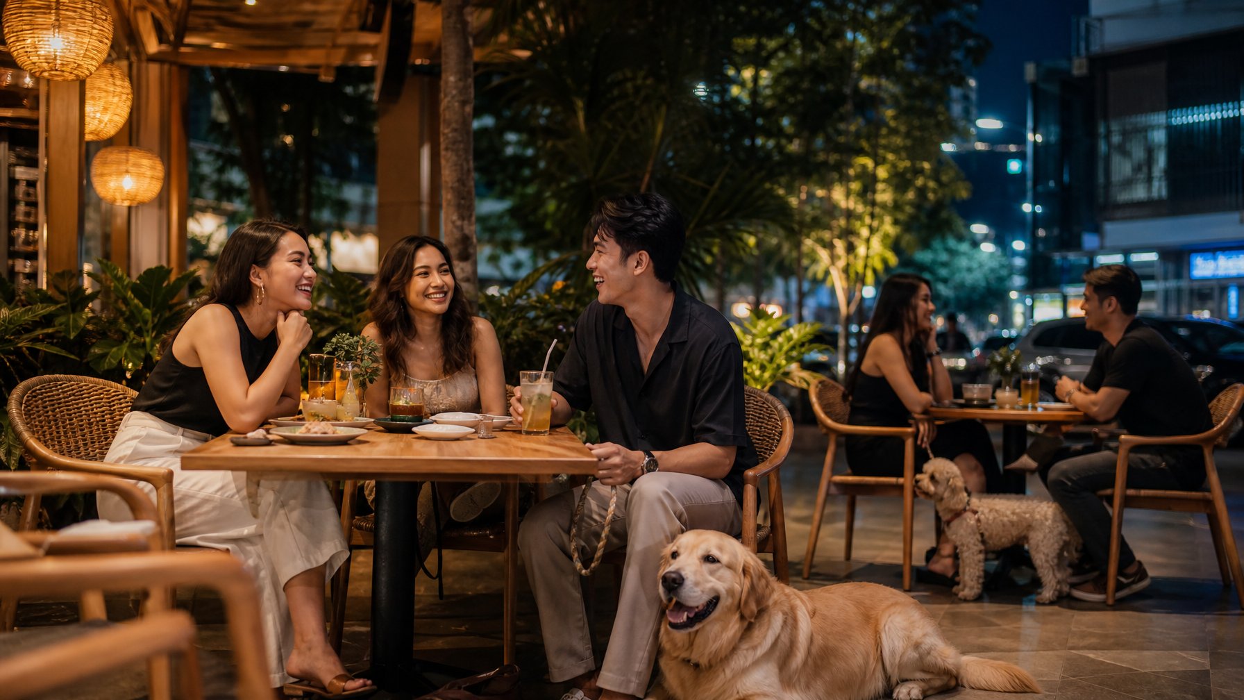 Sekelompok teman bersantai di kafe malam yang ramah hewan peliharaan bersama anjing mereka.