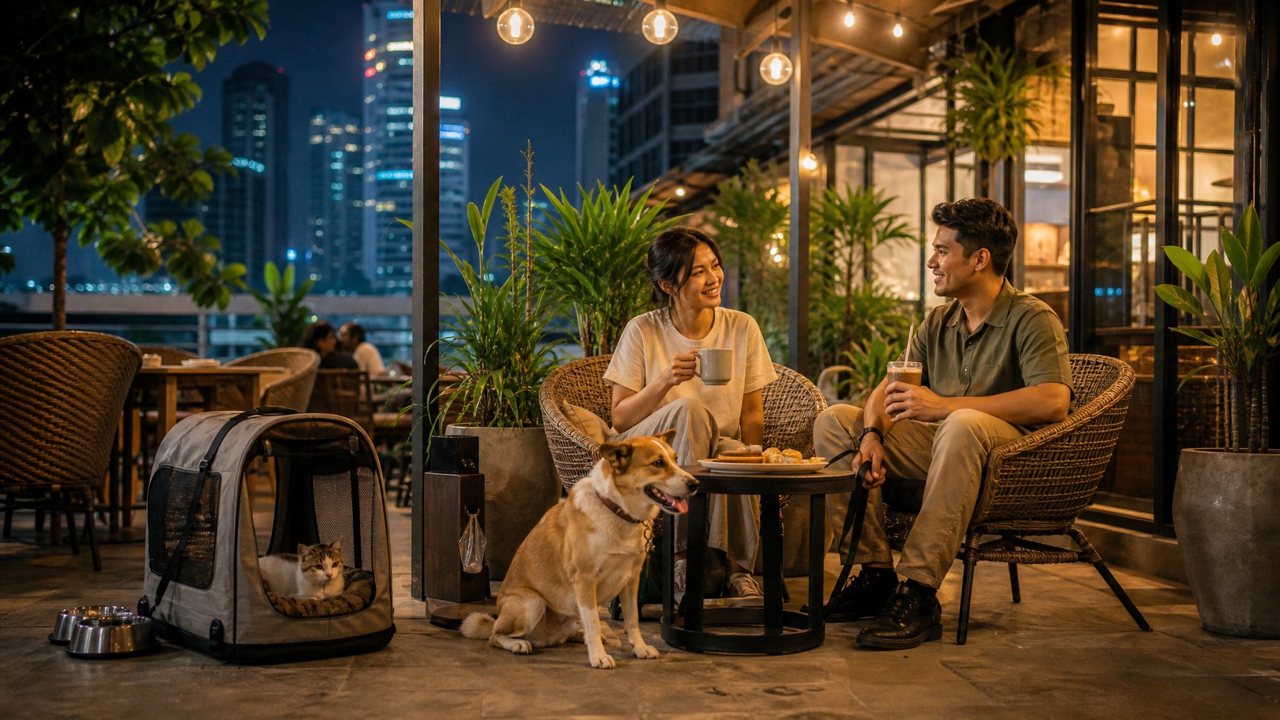 Pemilik hewan bersantai bersama anjing dan kucing di teras kafe ramah hewan pada malam hari.