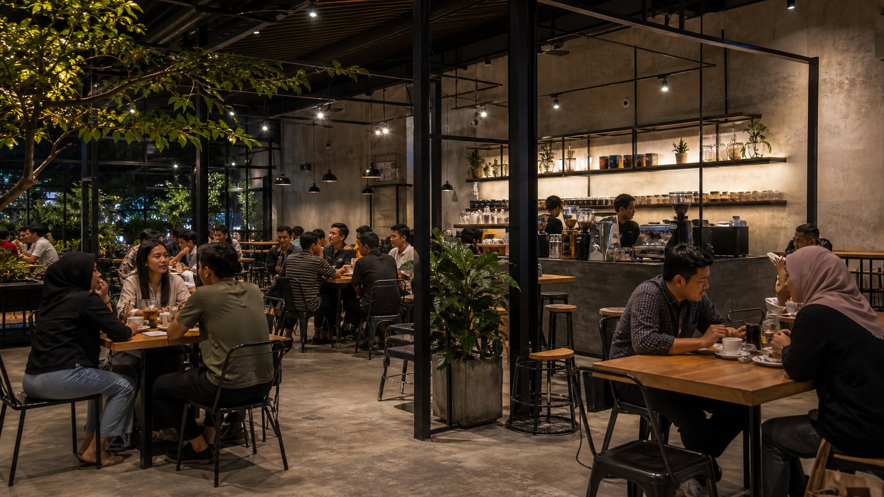 Pengunjung menikmati suasana malam di kafe industrial minimalis yang ramai di Medan.
