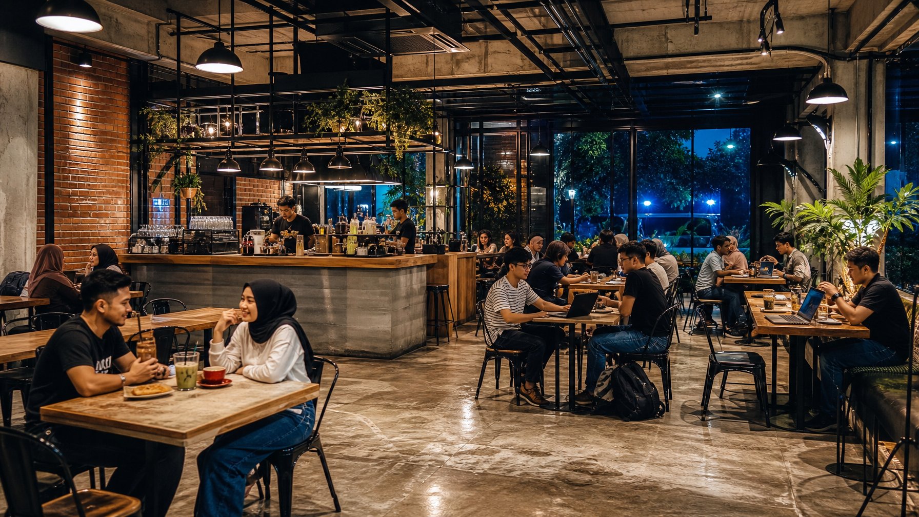 Pengunjung bersantai di kafe malam dengan interior industrial minimalis di Medan.