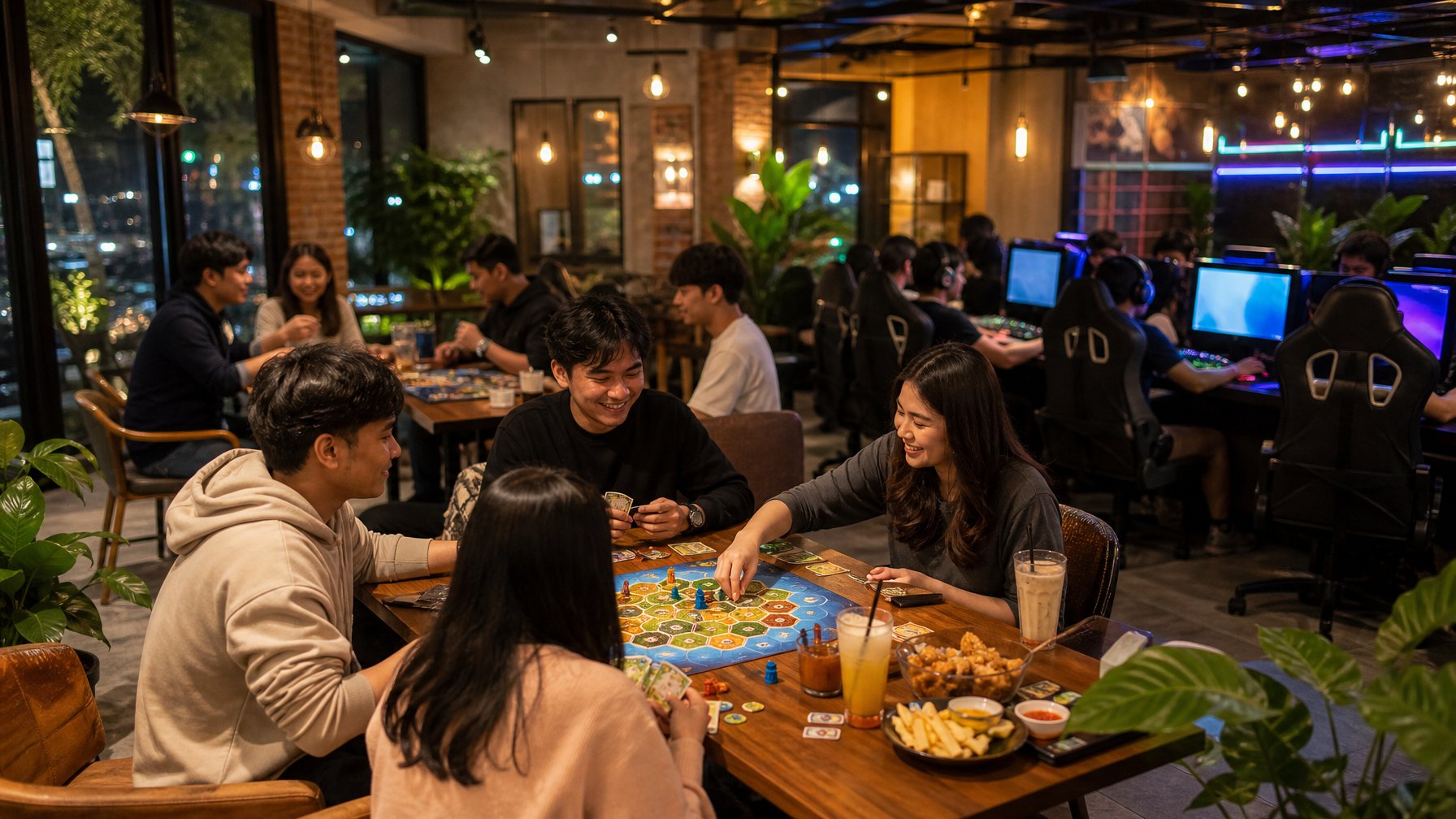 Suasana kafe malam di Bandung dengan pengunjung bermain board game dan komputer gaming.