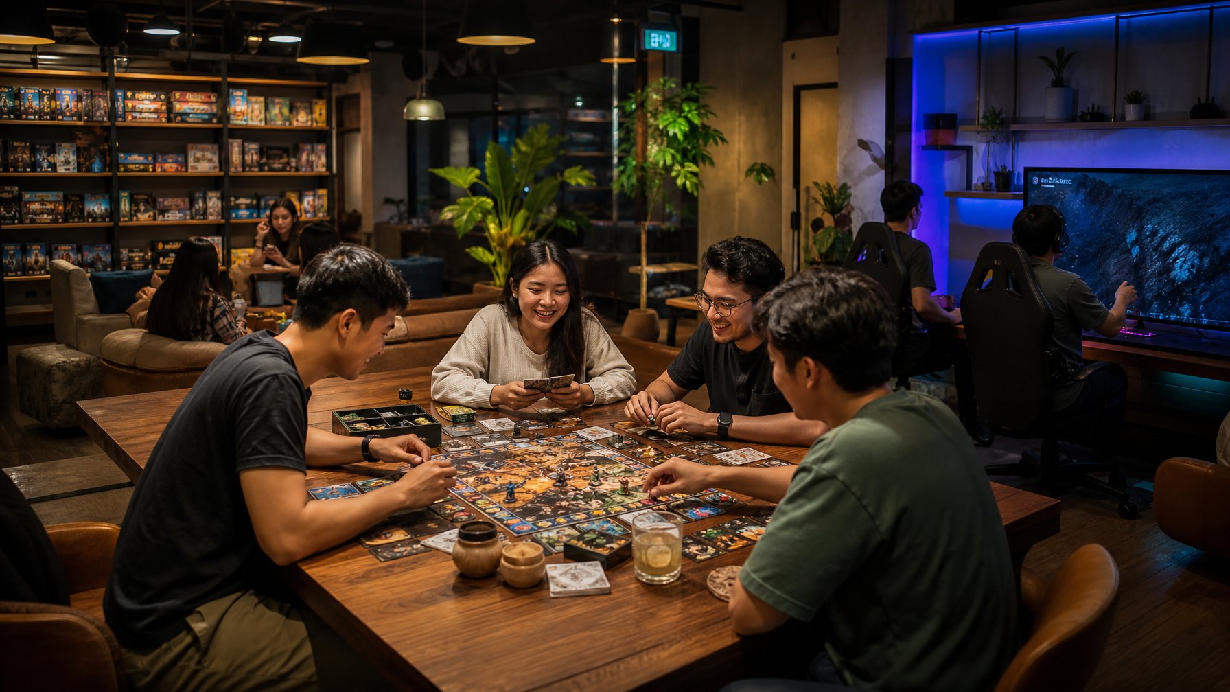Sekelompok anak muda bermain board game dan menikmati area gaming di kafe malam yang nyaman di Bandung.
