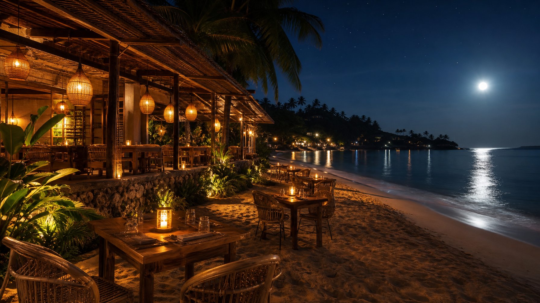 Kafe malam di tepi pantai Lombok dengan meja bercahaya hangat, pasir, dan laut yang tenang.