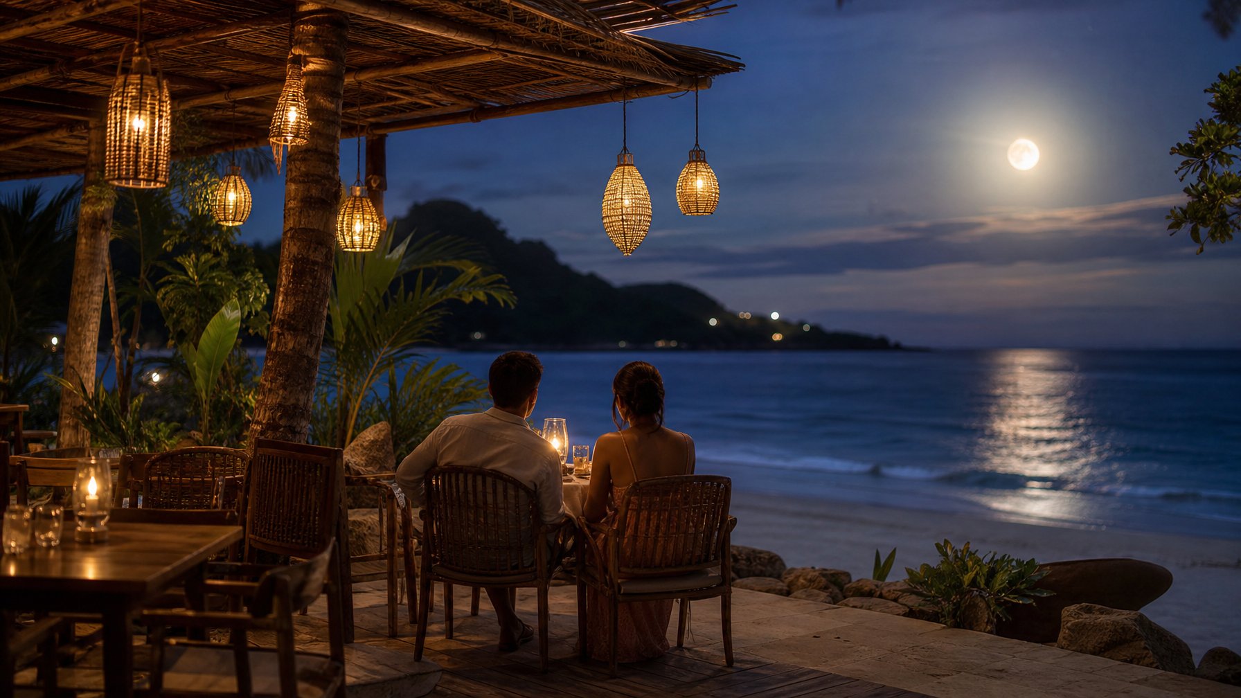 Pasangan menikmati suasana tenang dan romantis di kafe tepi pantai Lombok pada malam hari.