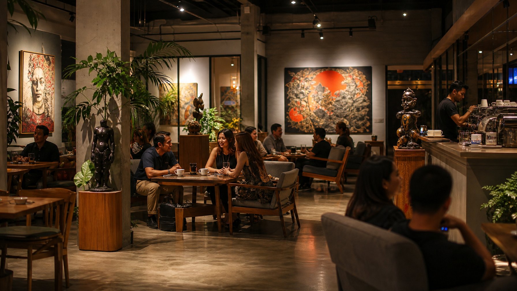 Pengunjung menikmati suasana kafe malam bertema galeri seni dengan lukisan dan dekorasi artistik.