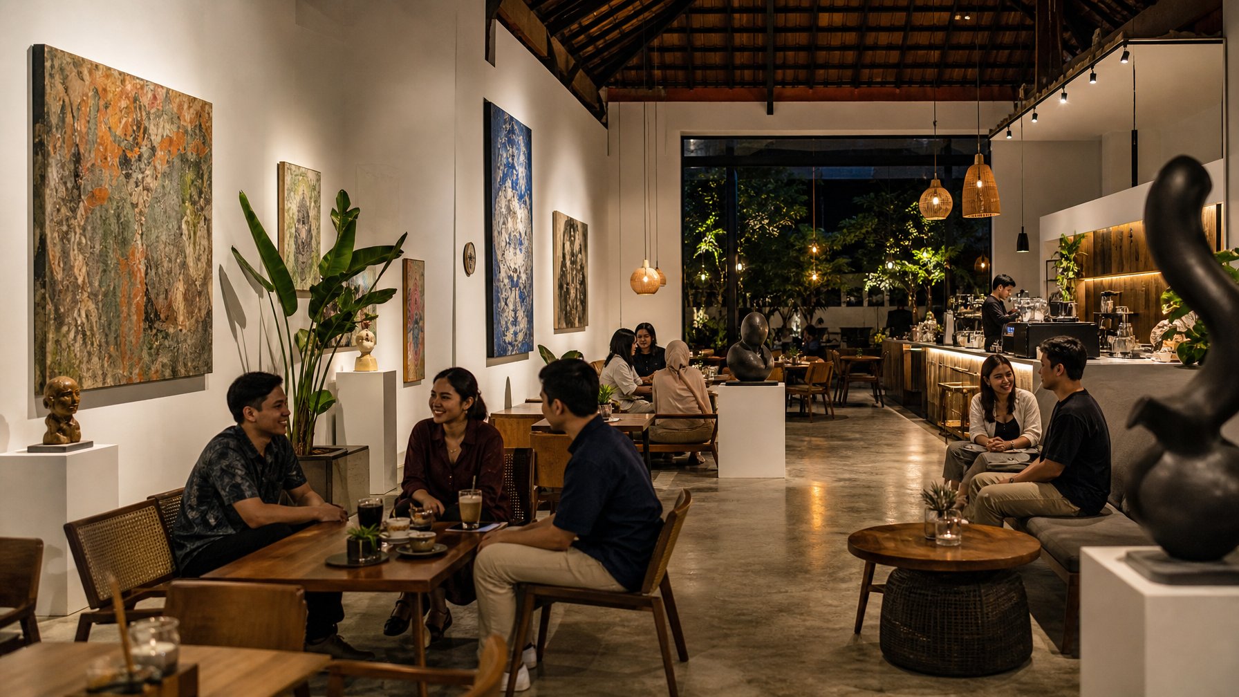 Sekelompok anak muda menikmati suasana kafe malam bertema galeri seni dengan lukisan dan patung di sekelilingnya.