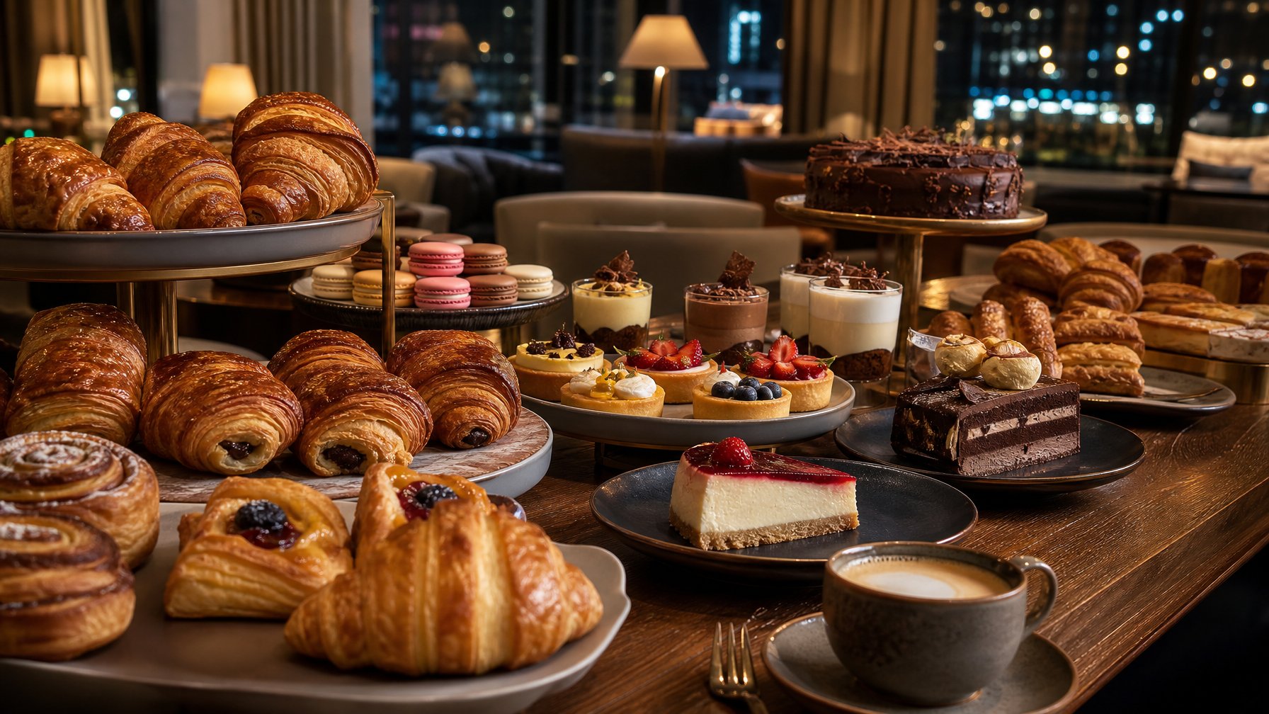Interior kafe malam dengan beragam hidangan penutup dan pastry tersaji rapi di meja.