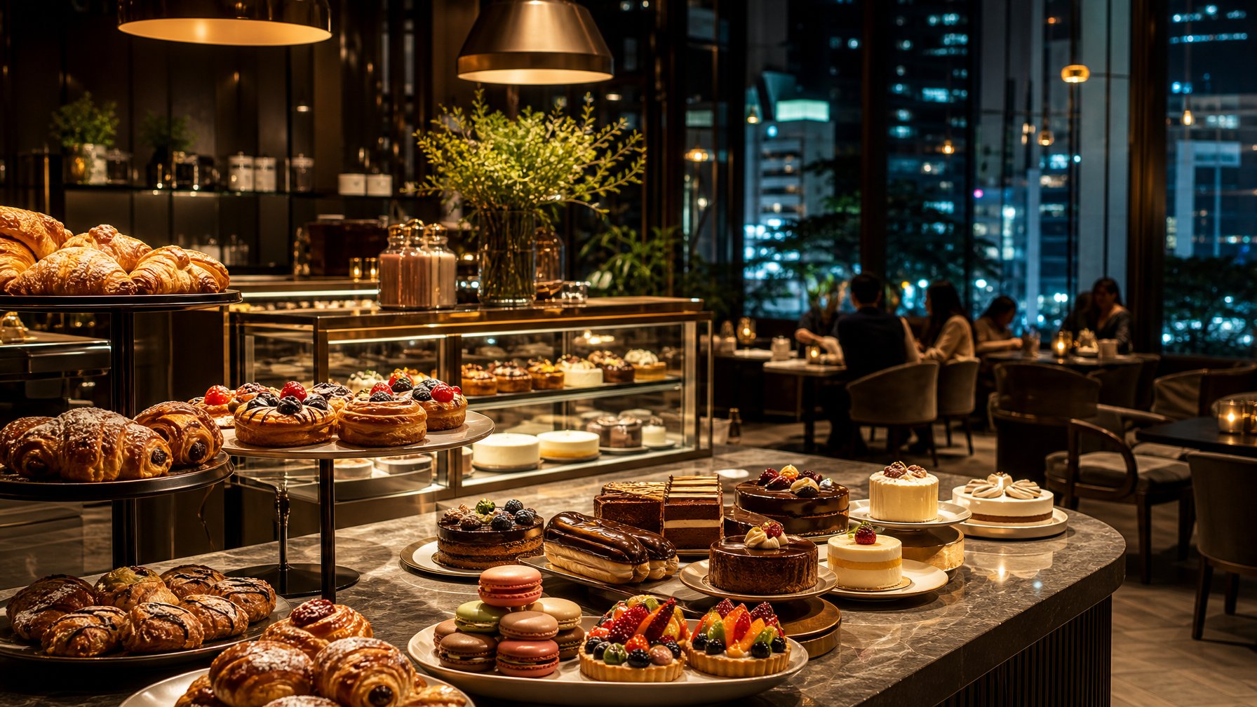 Interior kafe malam yang hangat dengan etalase berisi beragam hidangan penutup dan pastry.