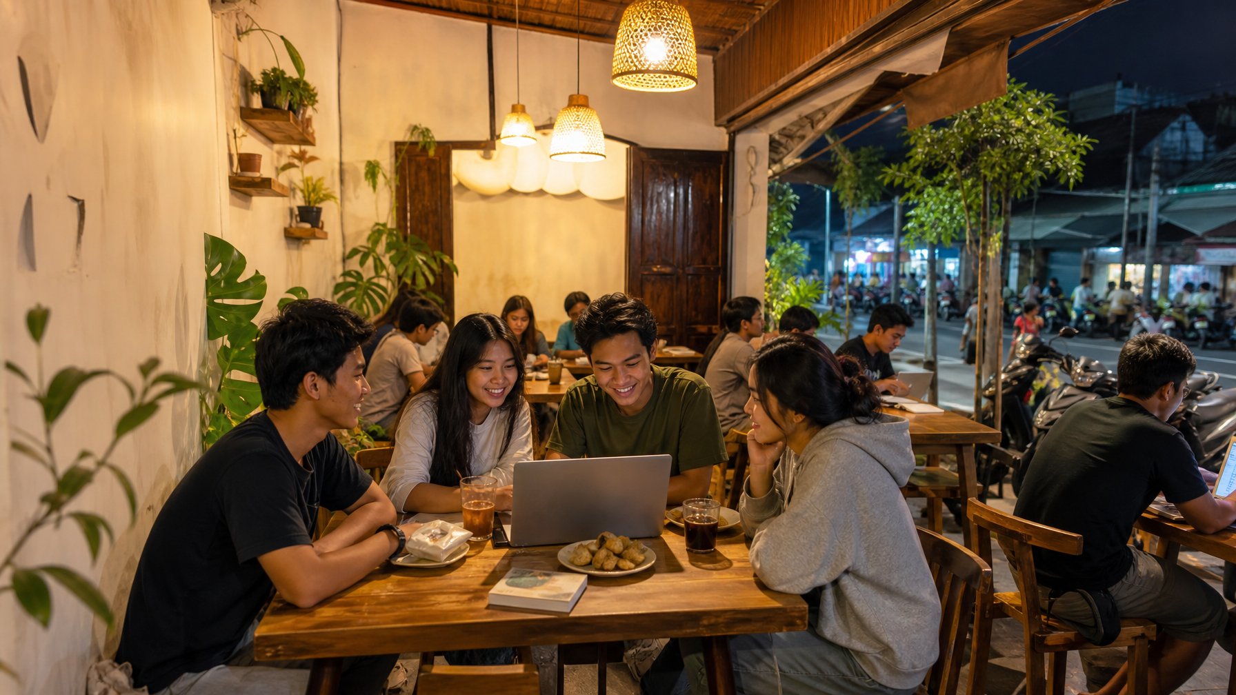 Kafe malam terjangkau di Yogyakarta dengan pelajar yang belajar dan bersantai sambil menikmati minuman.