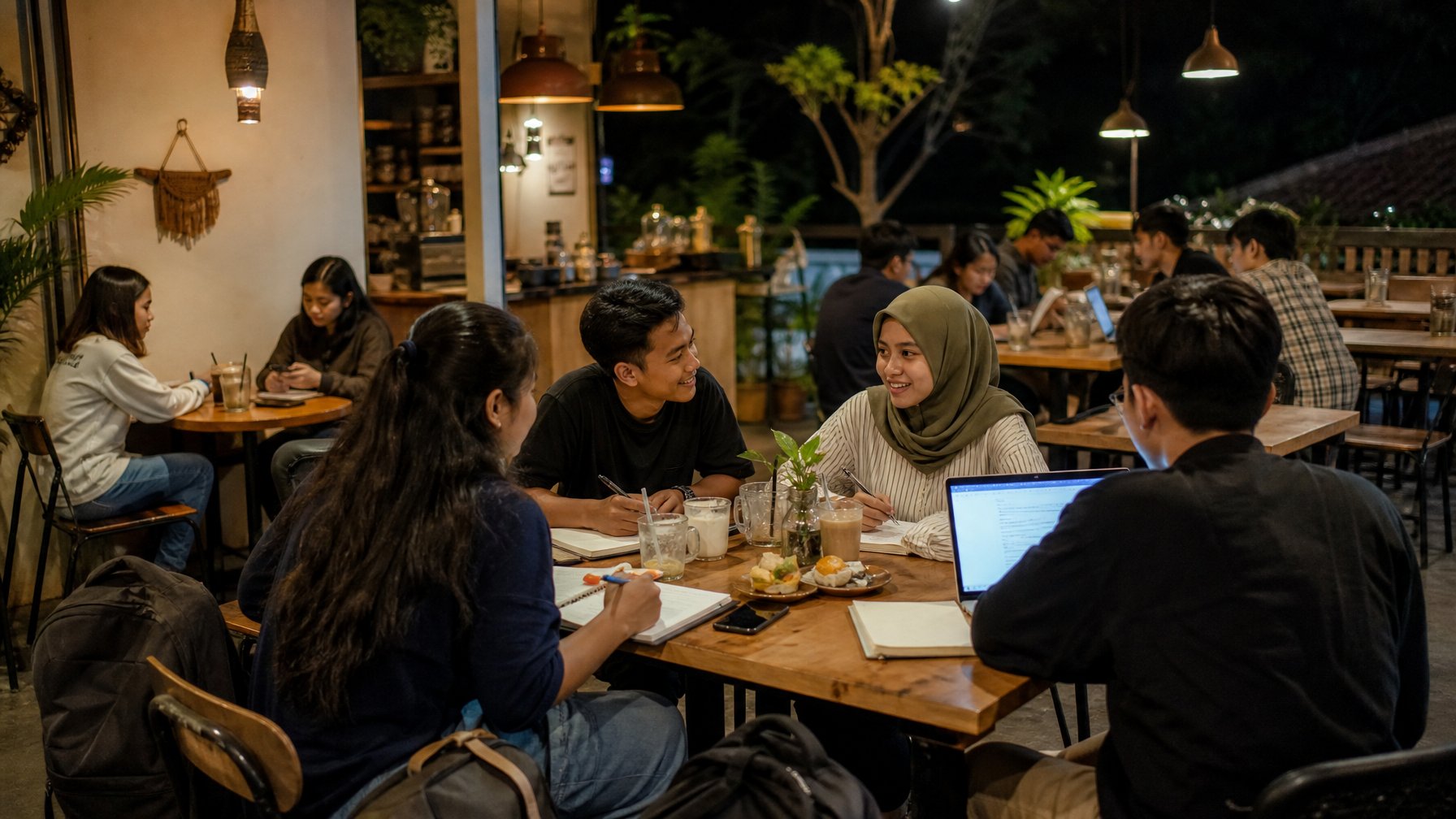 Suasana kafe malam sederhana di Yogyakarta dengan pelajar yang belajar, berbincang, dan menikmati minuman serta makanan ringan.