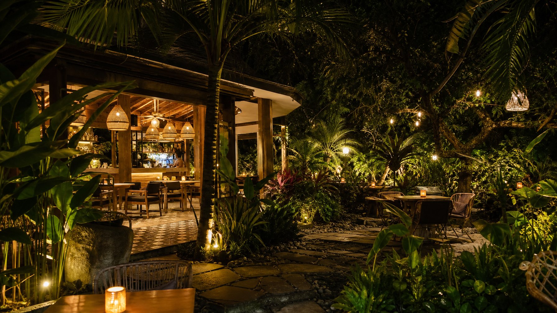 Kafe taman malam hari di Bali dikelilingi tanaman tropis hijau dan diterangi lampu hangat.
