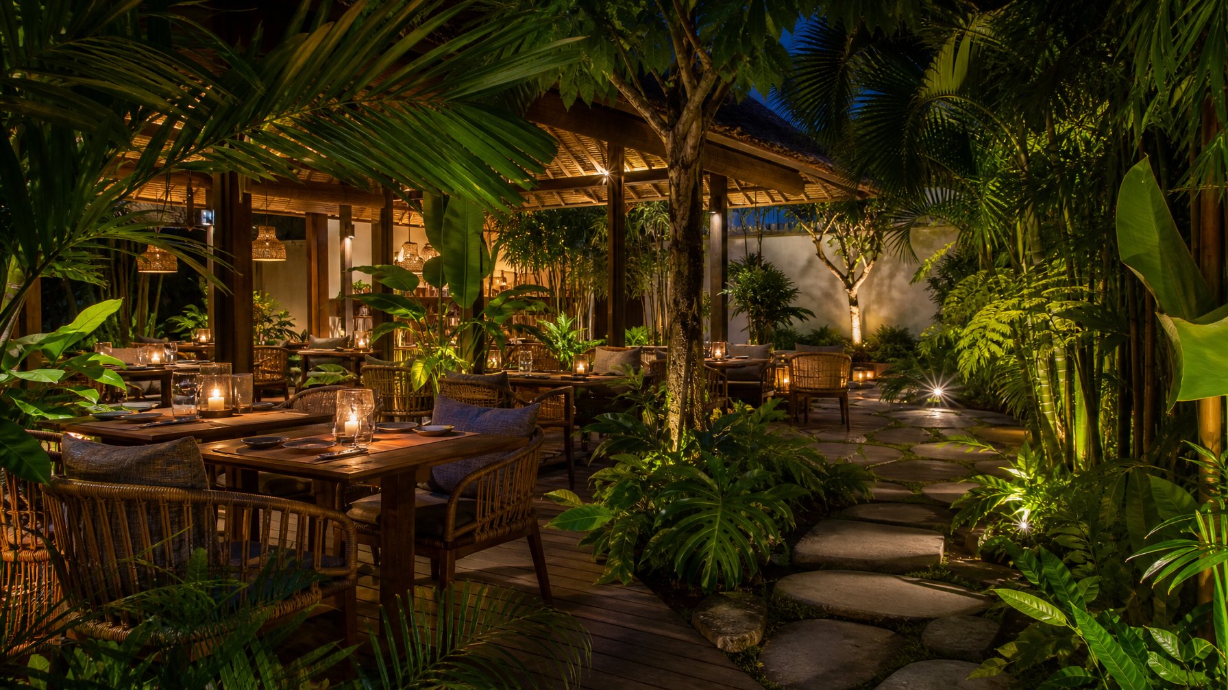 Kafe malam terbuka di Bali yang dikelilingi tanaman tropis hijau dengan pencahayaan hangat.